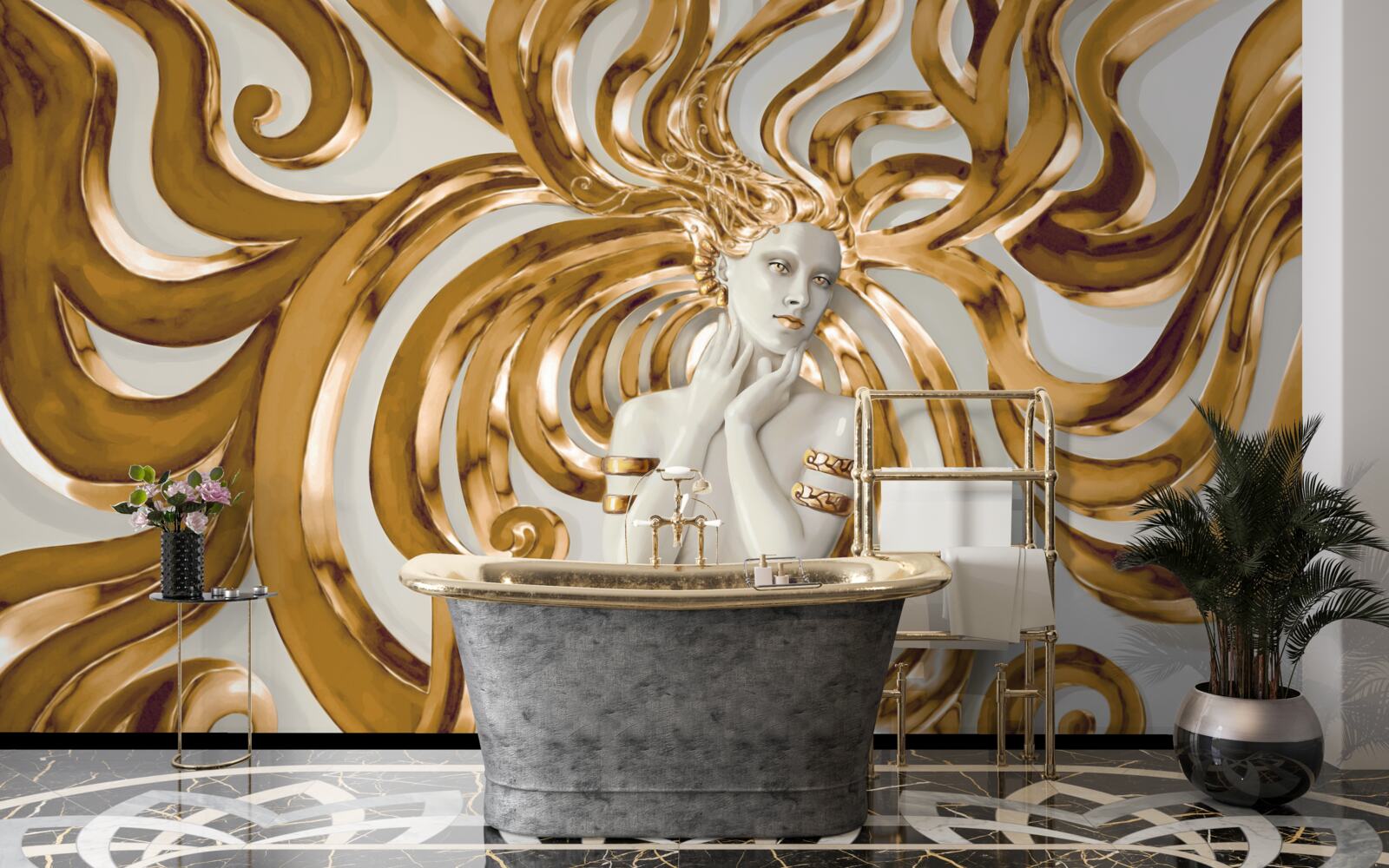 Fotobehang gouden lijnen en de omtrek van een meisje