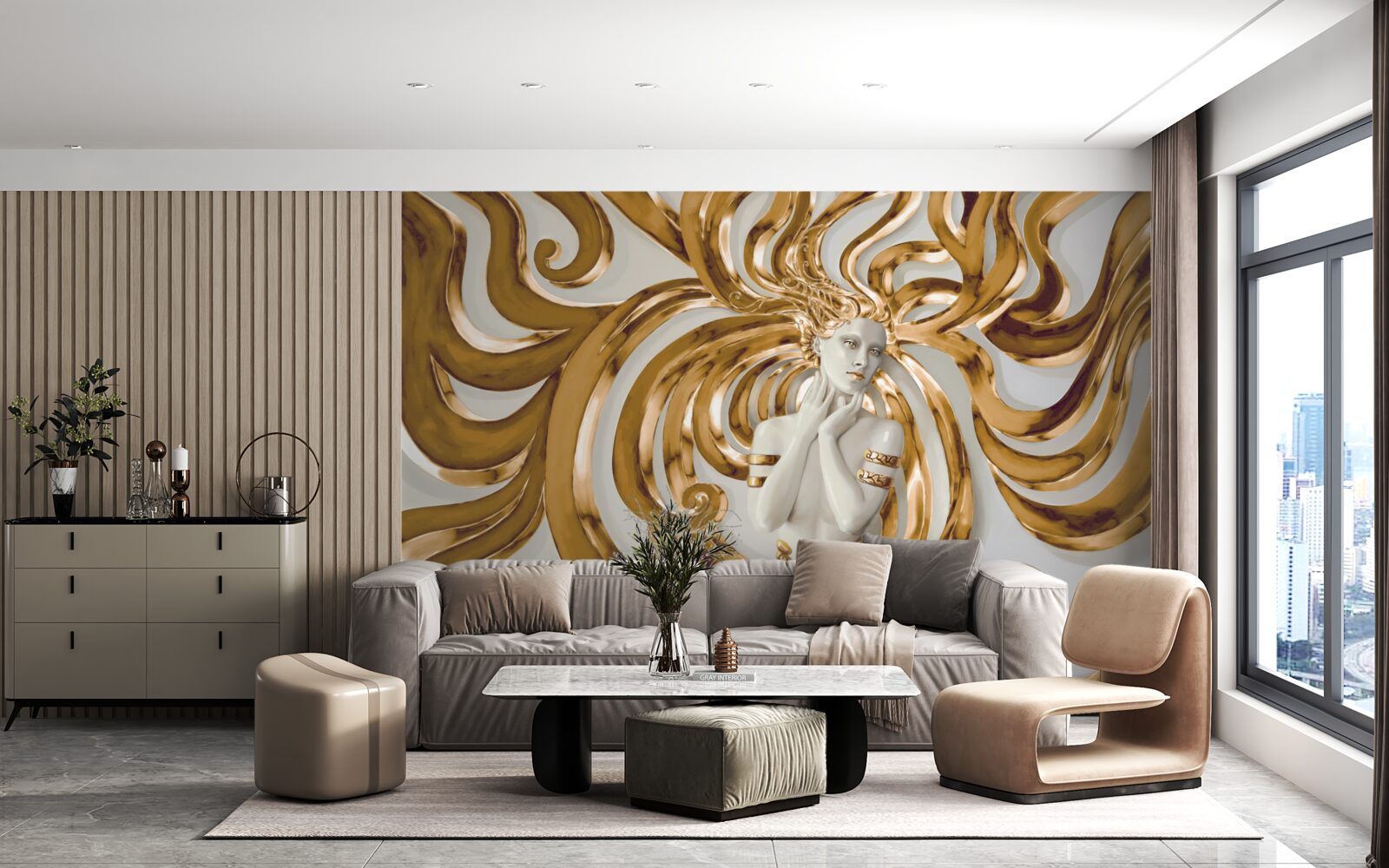 Fotobehang gouden lijnen en de omtrek van een meisje