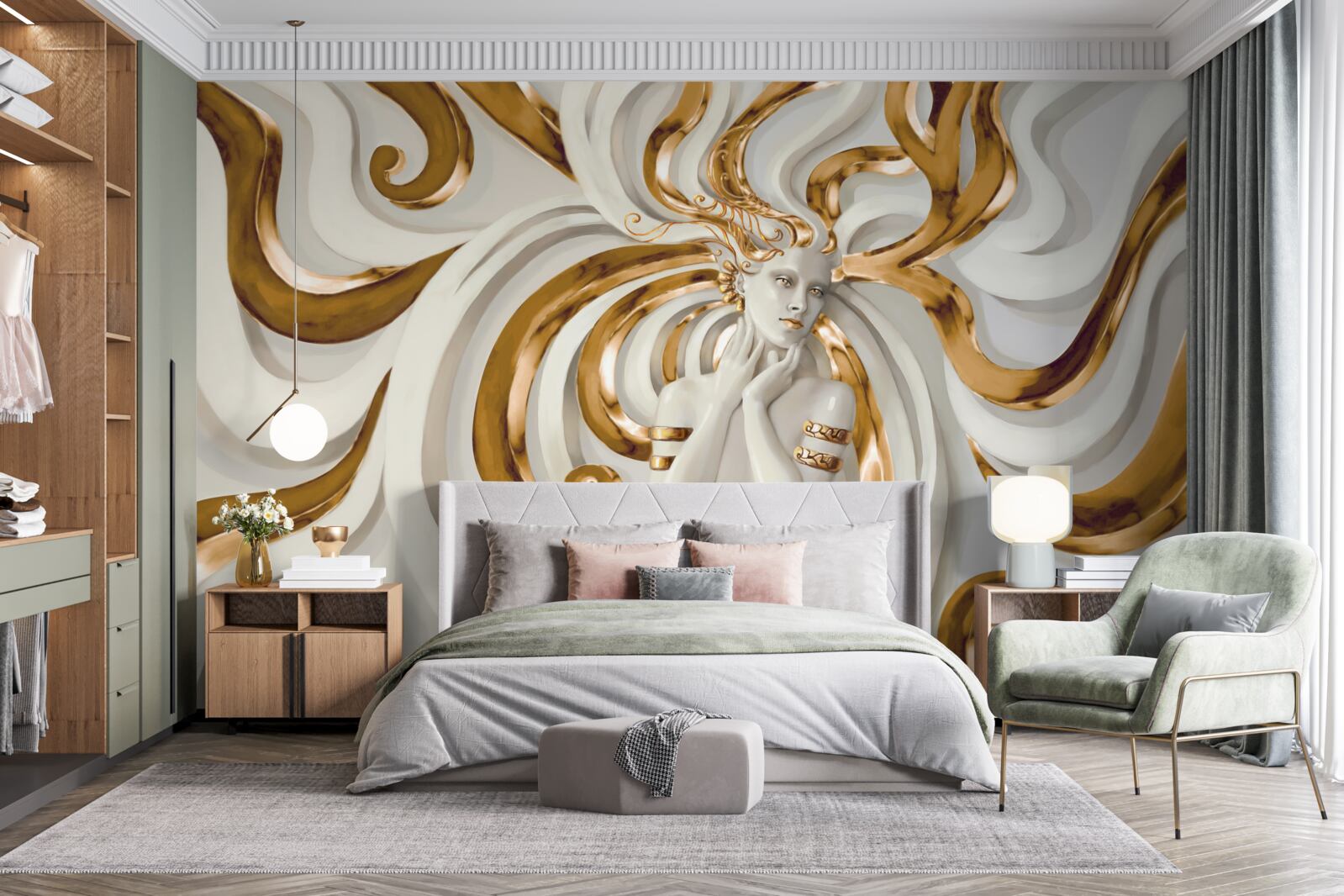 Fotobehang dame met gouden haar