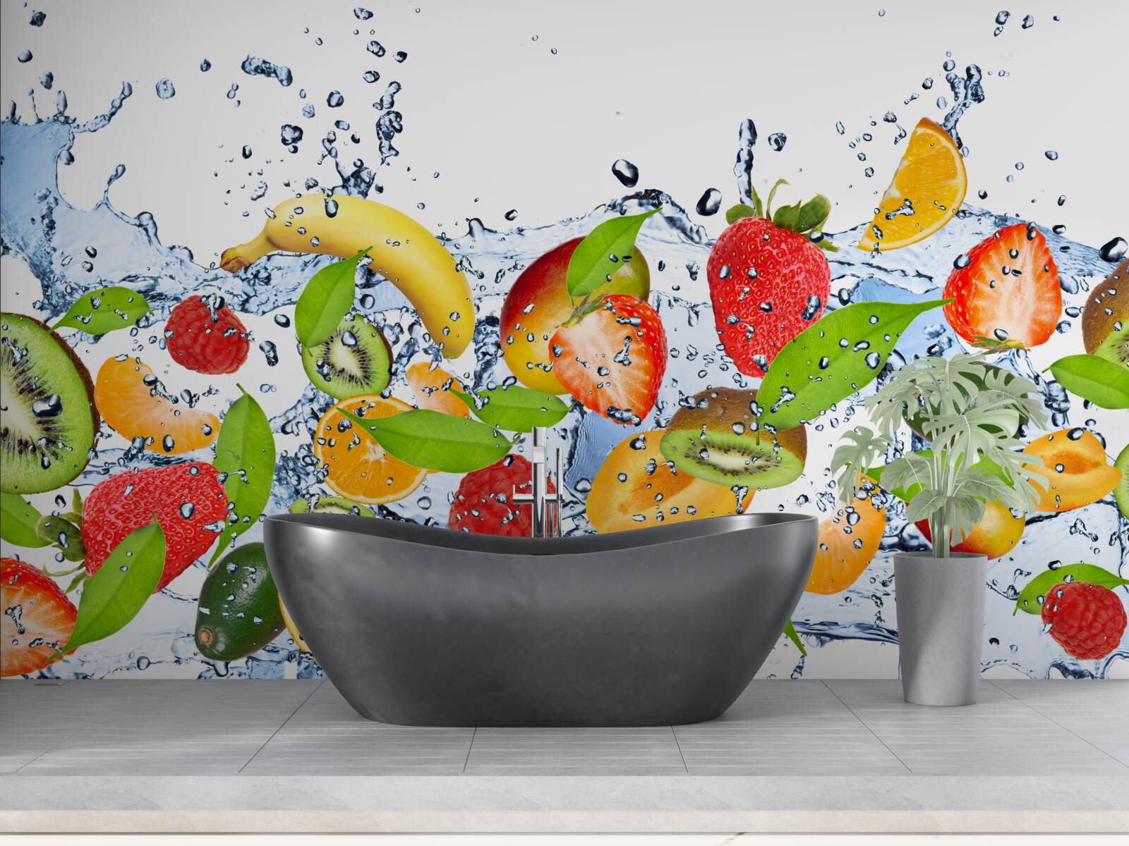 Fotobehang spatten water rond het fruit en de bessen