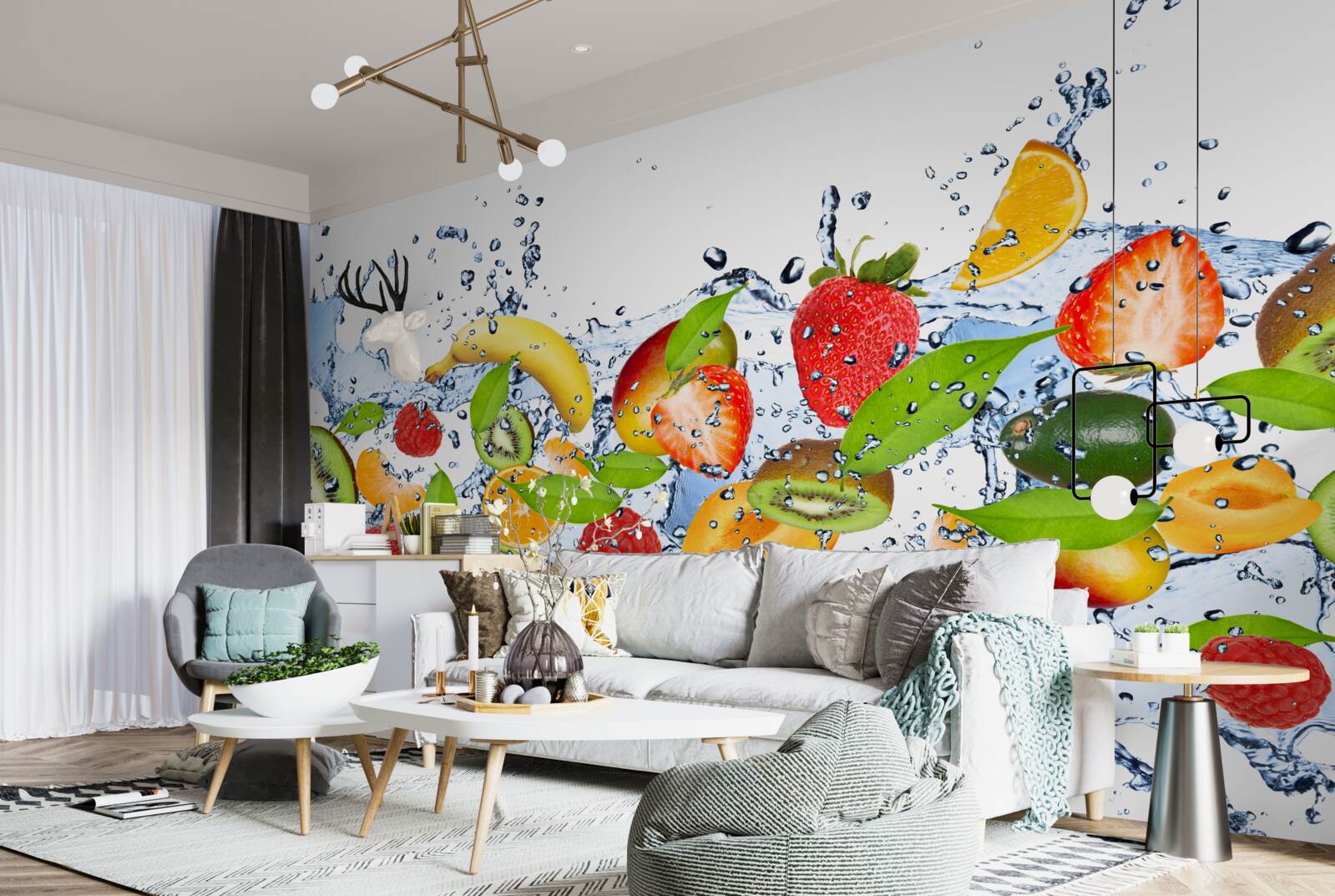 Fotobehang spatten water rond het fruit en de bessen