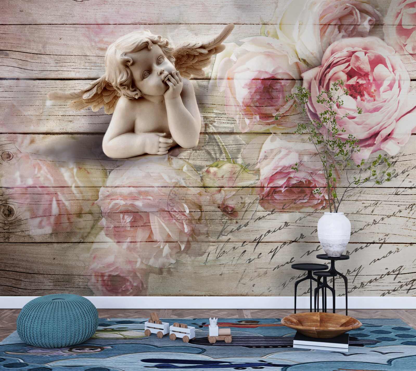 Fotobehang reflecterende engel en scharlakenrode rozenknoppen