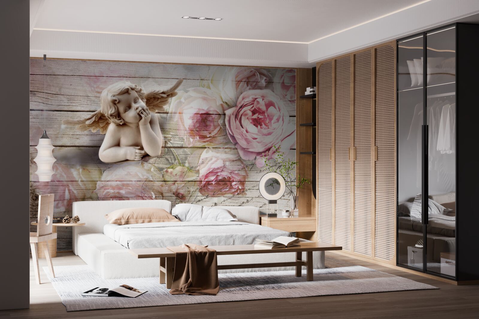 Fotobehang reflecterende engel en scharlakenrode rozenknoppen