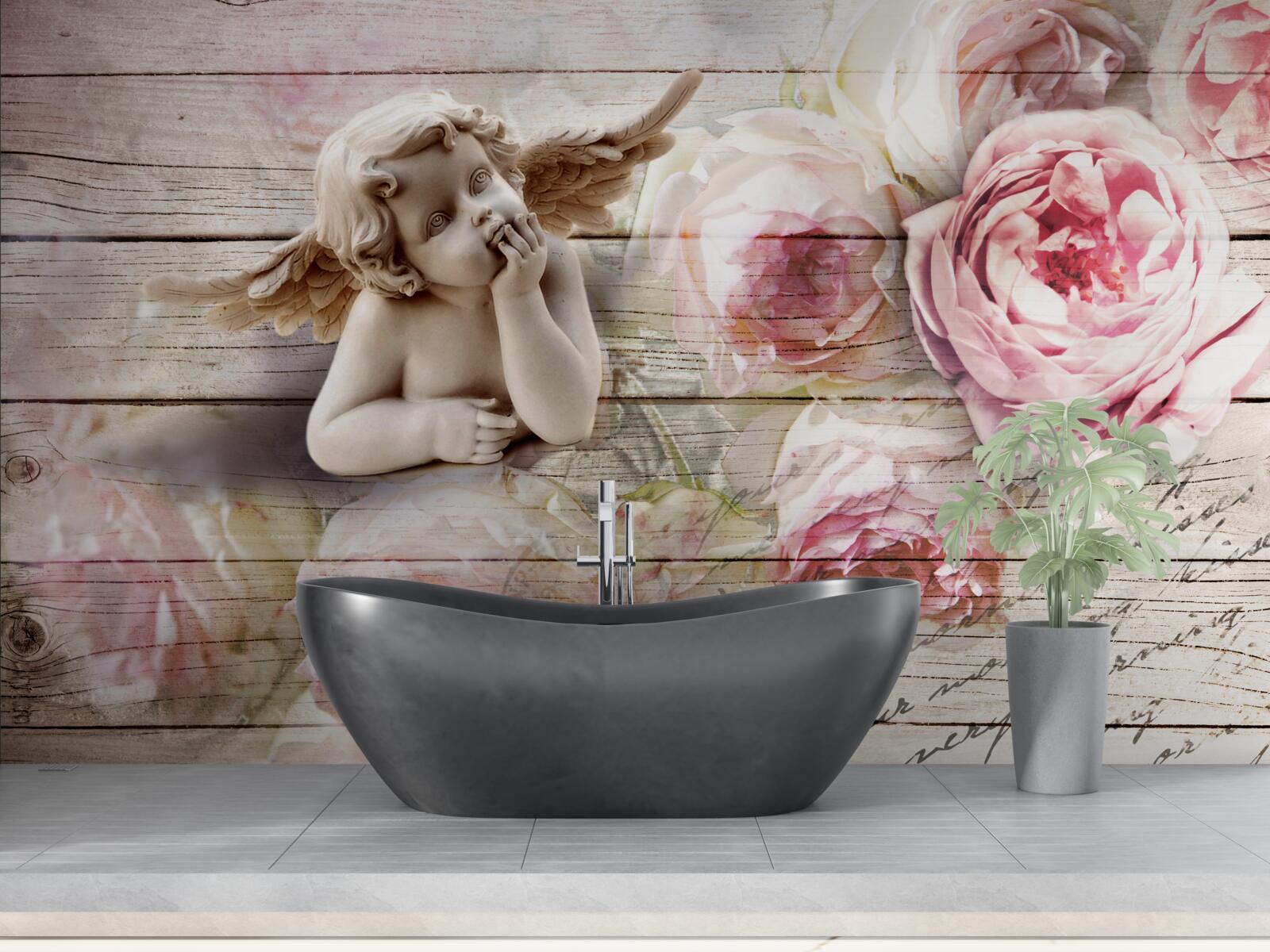 Fotobehang reflecterende engel en scharlakenrode rozenknoppen