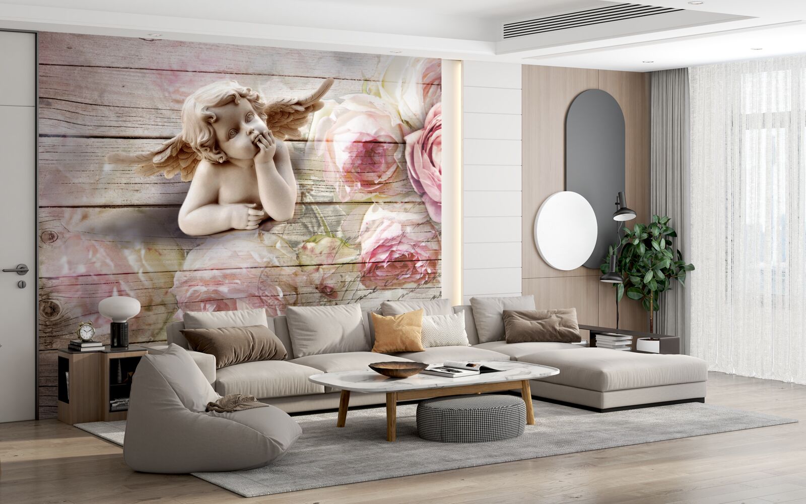 Fotobehang reflecterende engel en scharlakenrode rozenknoppen