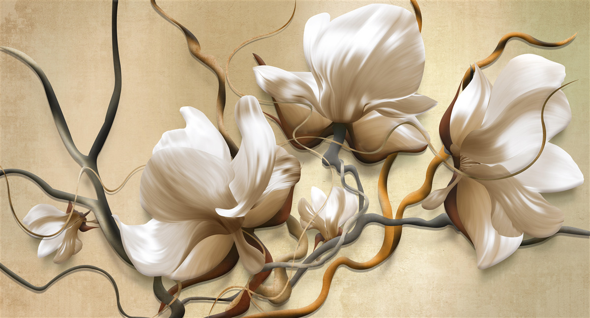 Fotobehang elegante takken versierd met witte bloemen