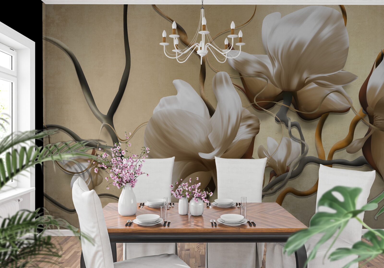 Fotobehang elegante takken versierd met witte bloemen