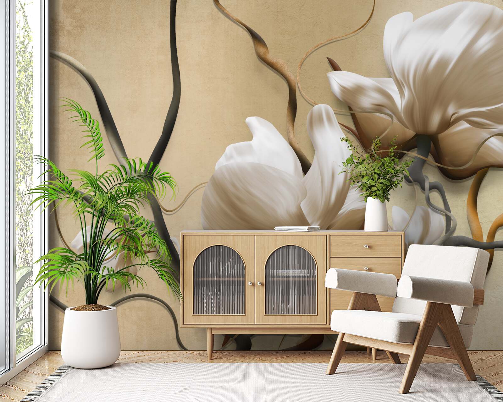 Fotobehang elegante takken versierd met witte bloemen