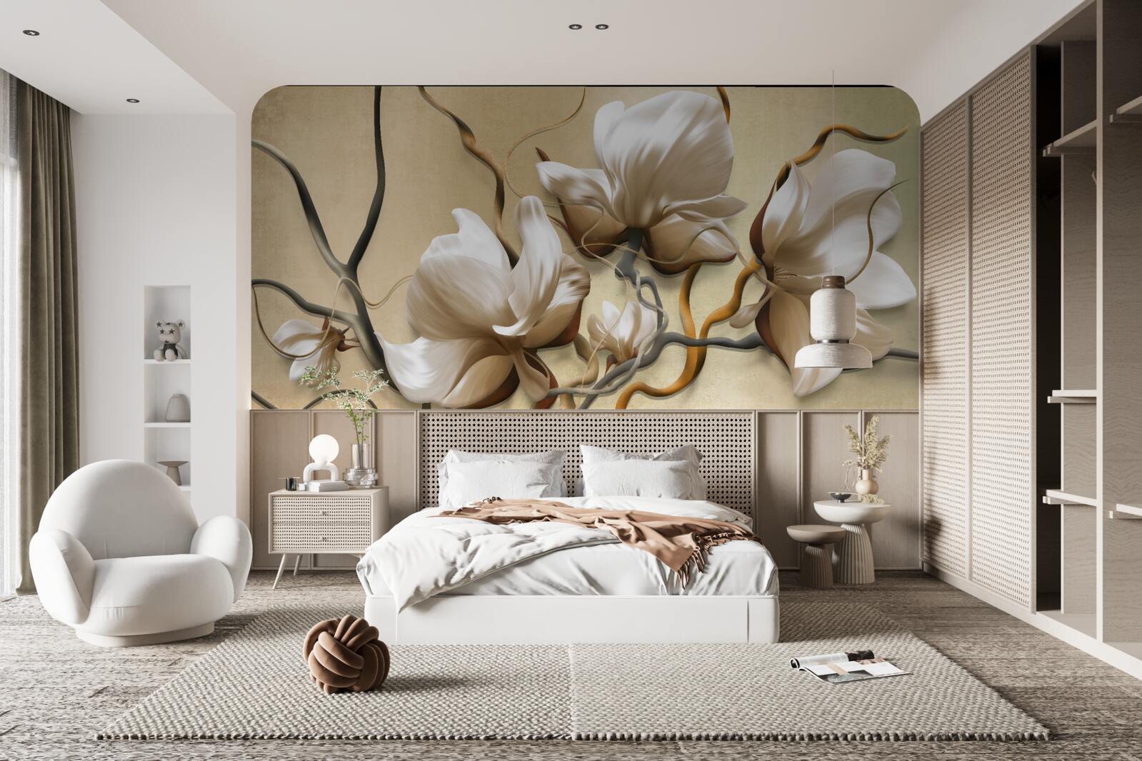 Fotobehang elegante takken versierd met witte bloemen