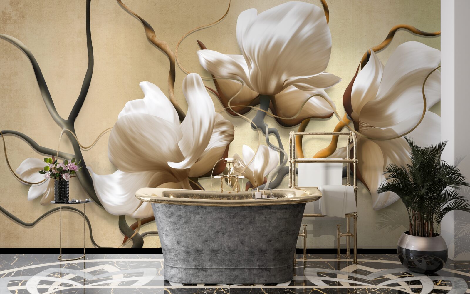 Fotobehang elegante takken versierd met witte bloemen