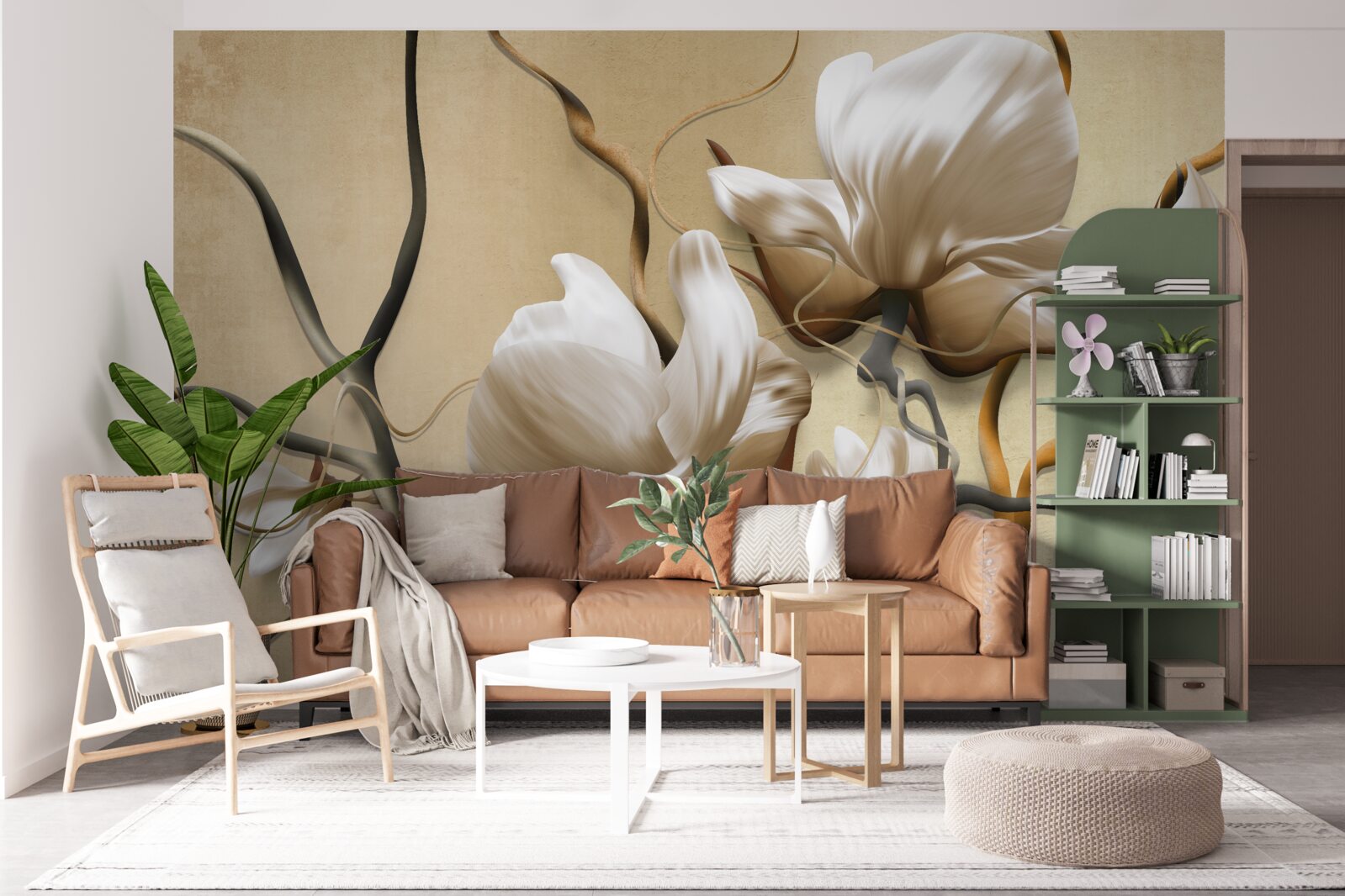 Fotobehang elegante takken versierd met witte bloemen