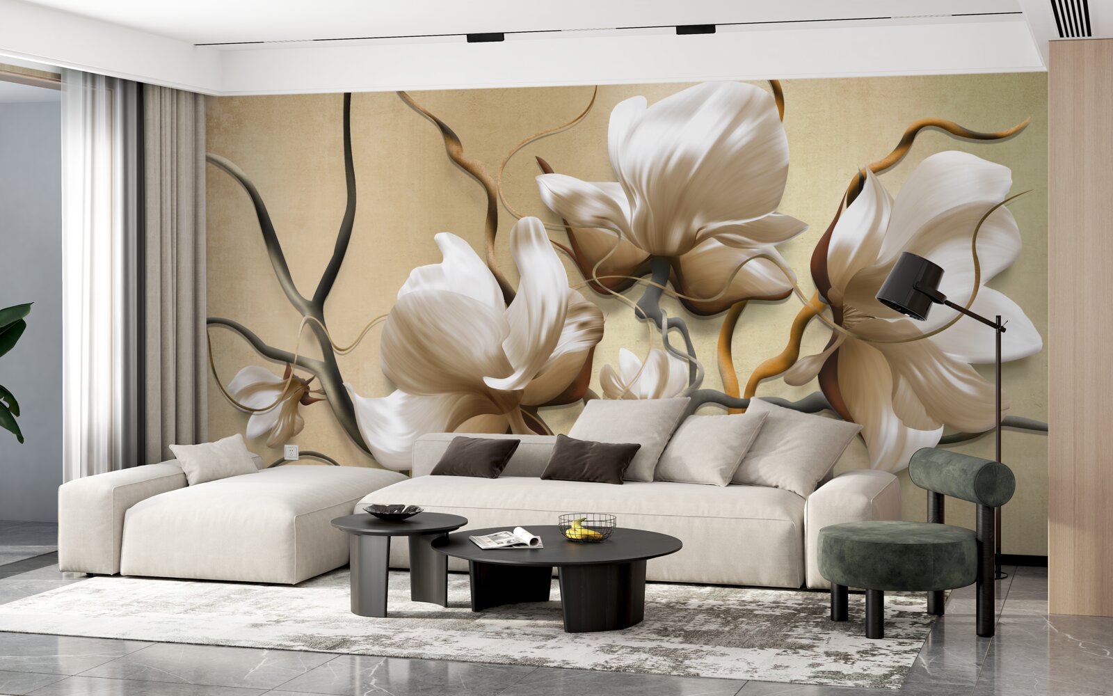 Fotobehang elegante takken versierd met witte bloemen