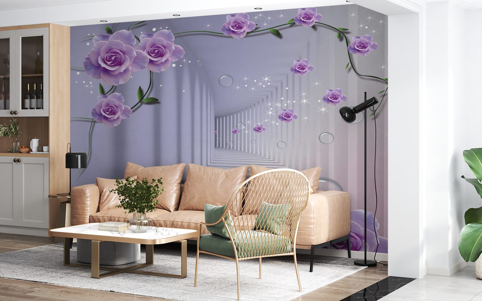 Fotobehang tere blauwe bloemknoppen bloeien in de tunnel