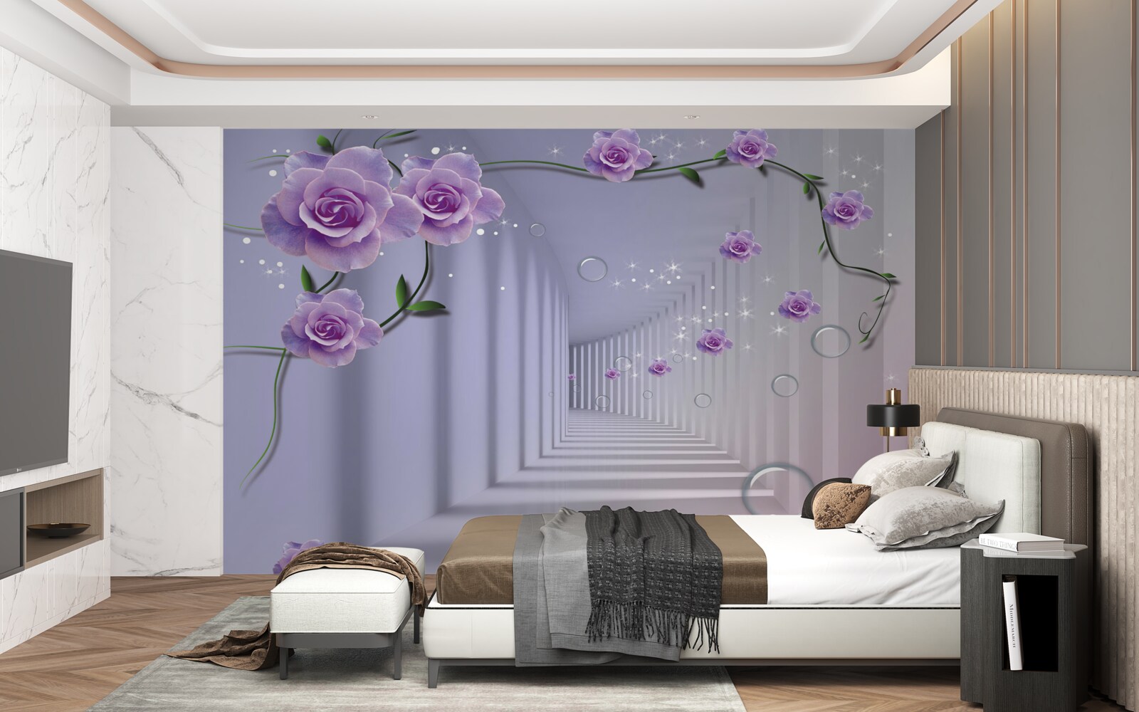 Fotobehang tere blauwe bloemknoppen bloeien in de tunnel