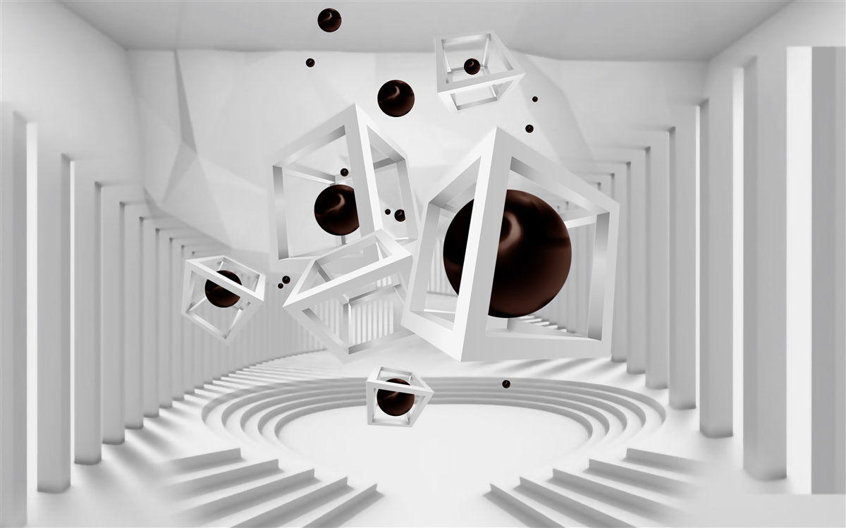 Fotobehang grote zwarte bollen omgeven door witte kaders