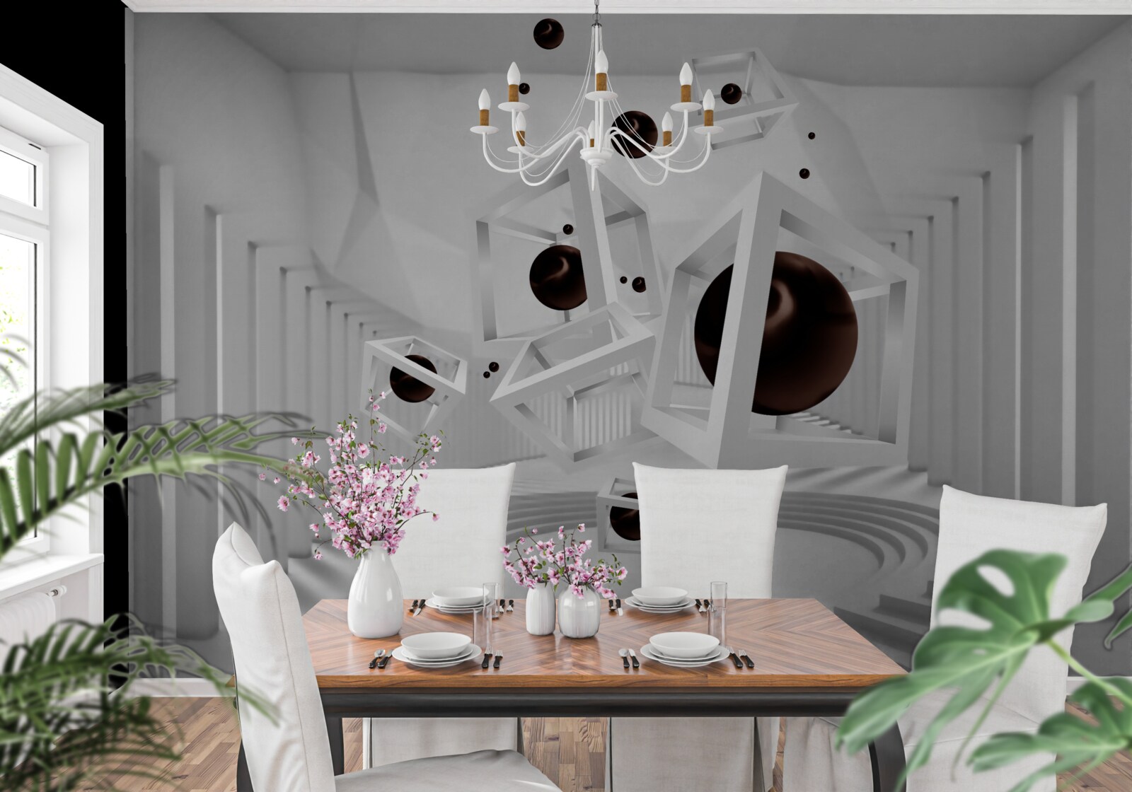 Fotobehang grote zwarte bollen omgeven door witte kaders