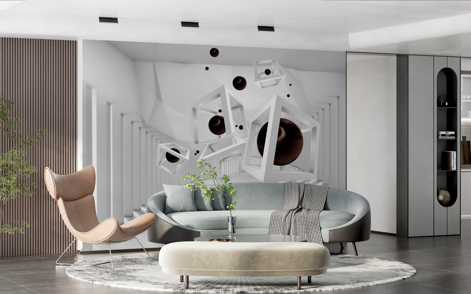 Fotobehang grote zwarte bollen omgeven door witte kaders