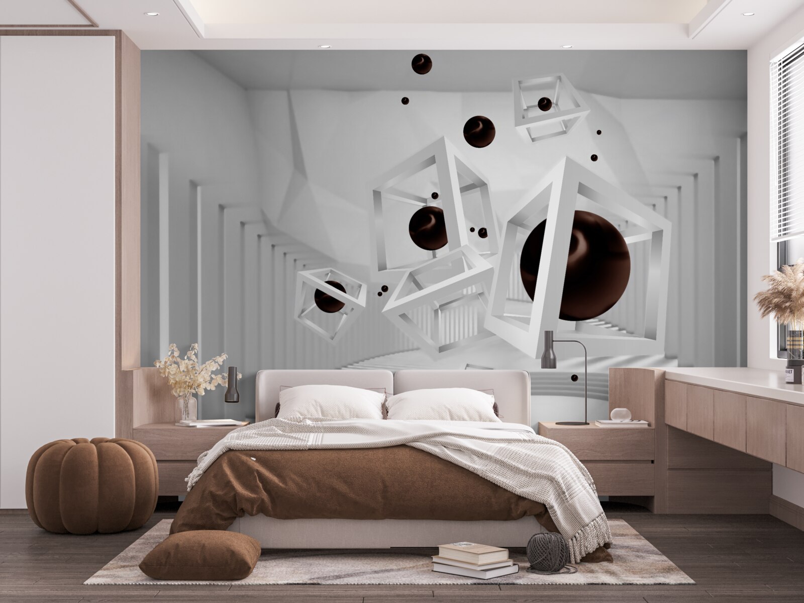 Fotobehang grote zwarte bollen omgeven door witte kaders