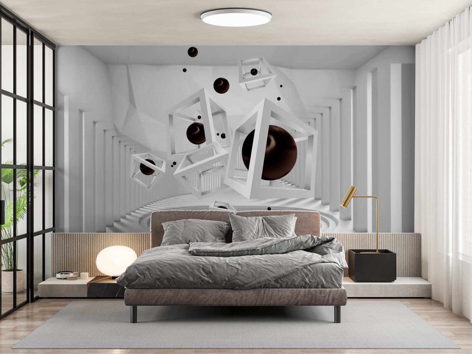 Fotobehang grote zwarte bollen omgeven door witte kaders