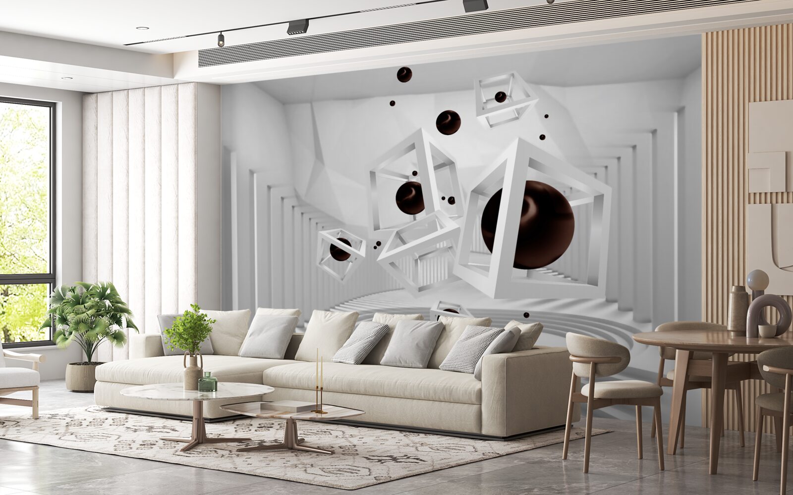 Fotobehang grote zwarte bollen omgeven door witte kaders