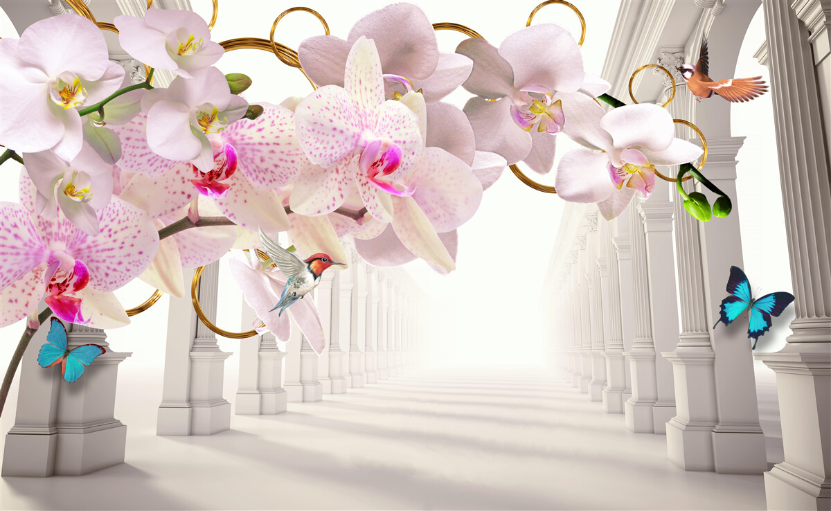 Fotobehang de witte bogen zijn versierd met orchideeën en vlinders