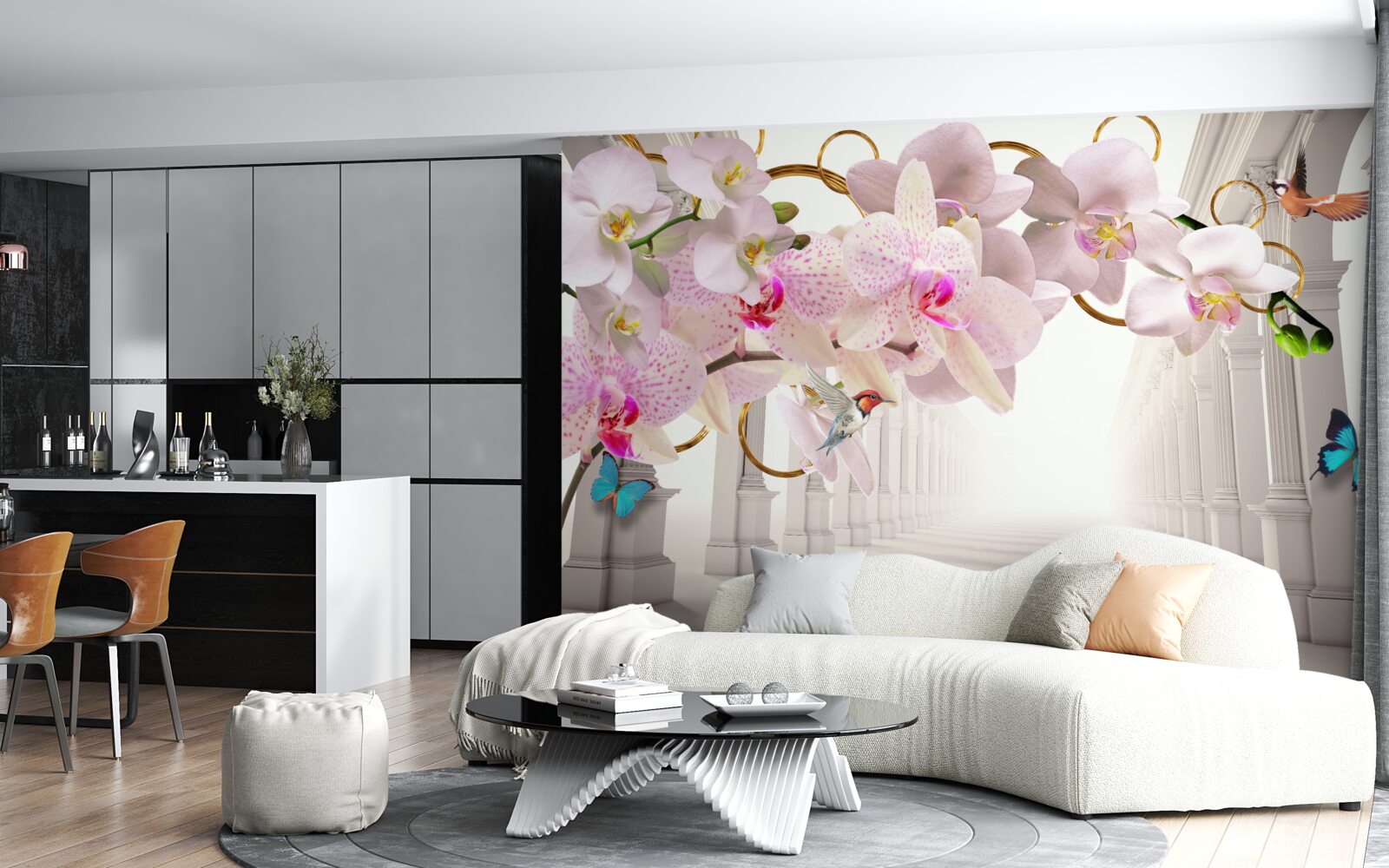 Fotobehang de witte bogen zijn versierd met orchideeën en vlinders
