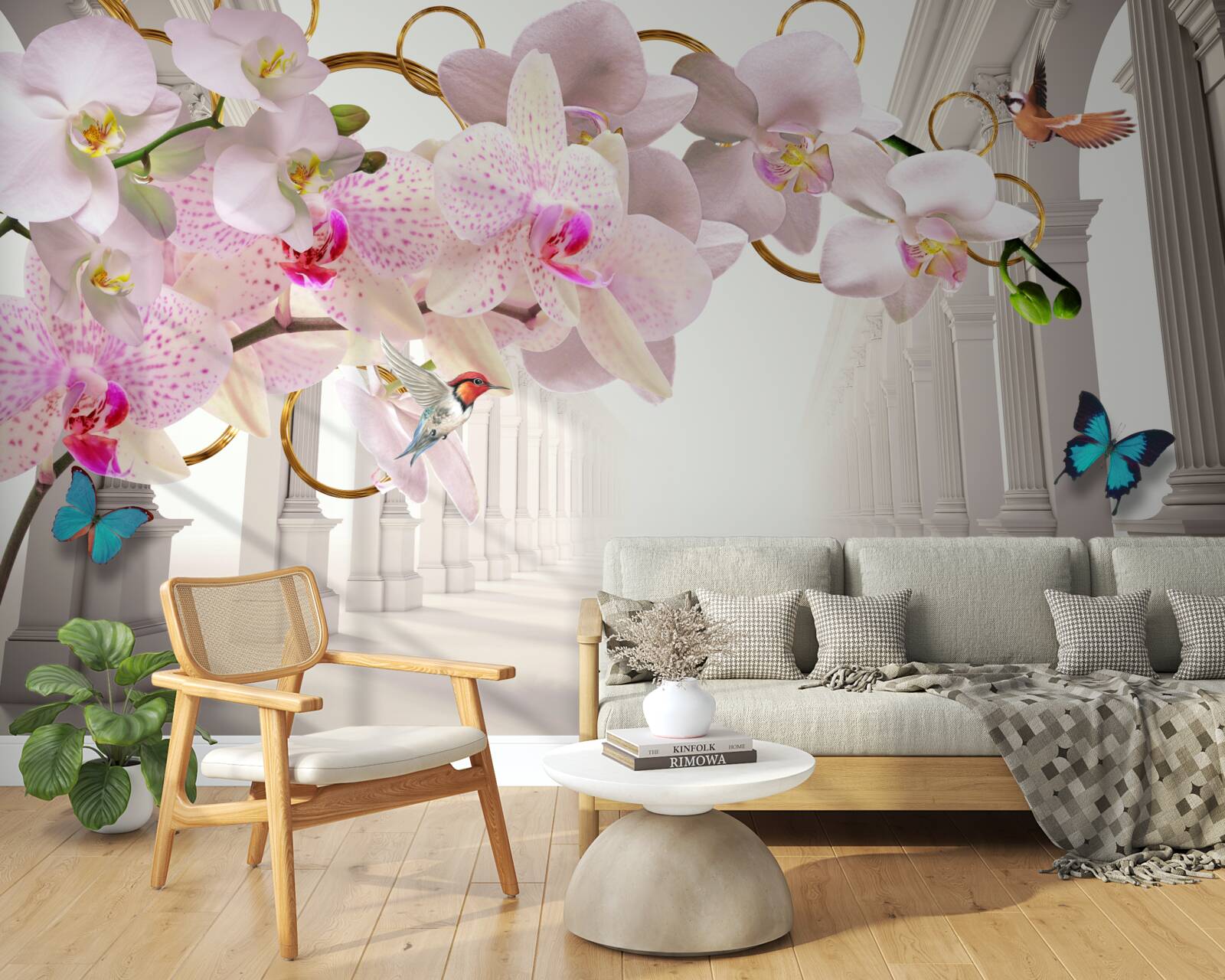 Fotobehang de witte bogen zijn versierd met orchideeën en vlinders