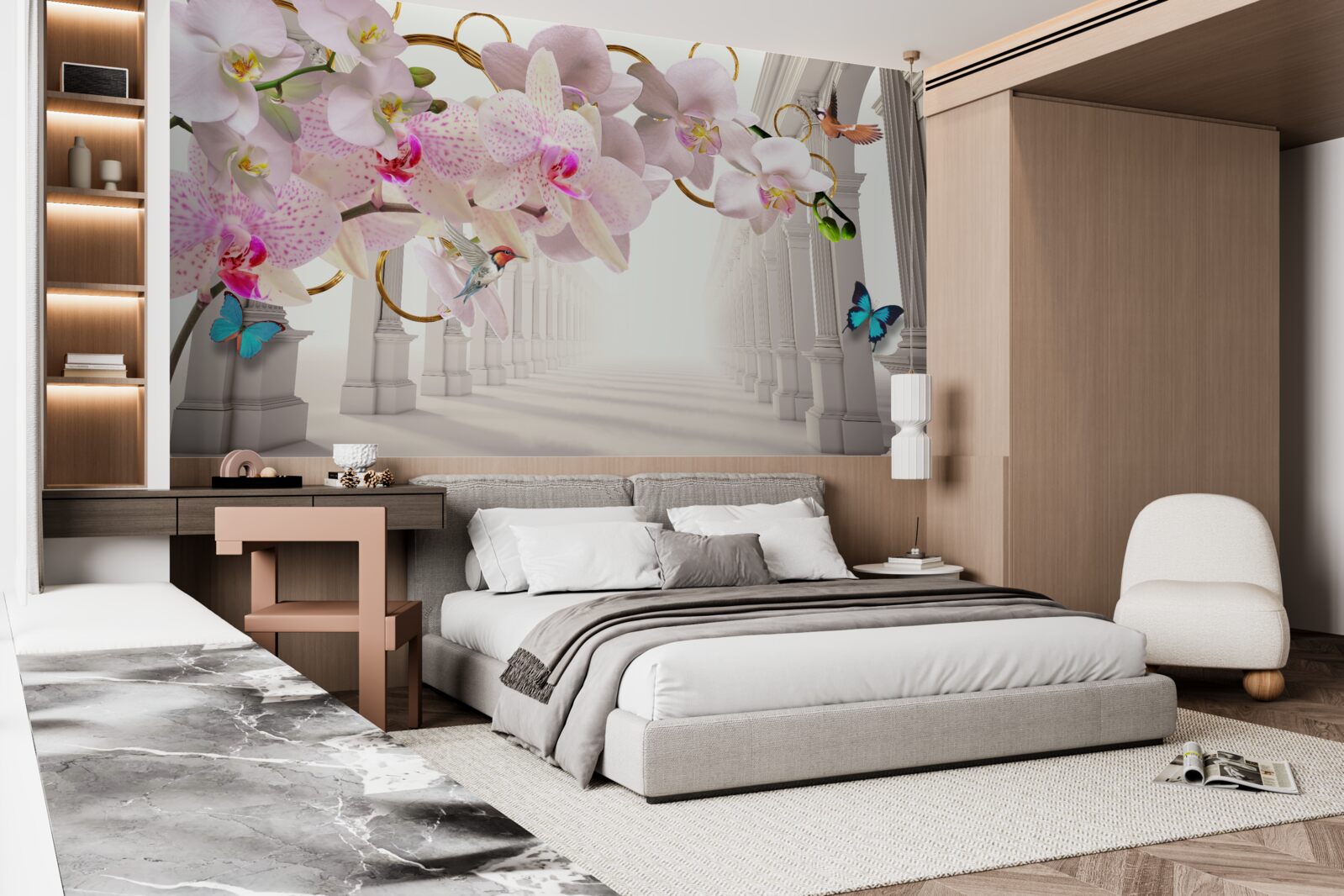 Fotobehang de witte bogen zijn versierd met orchideeën en vlinders