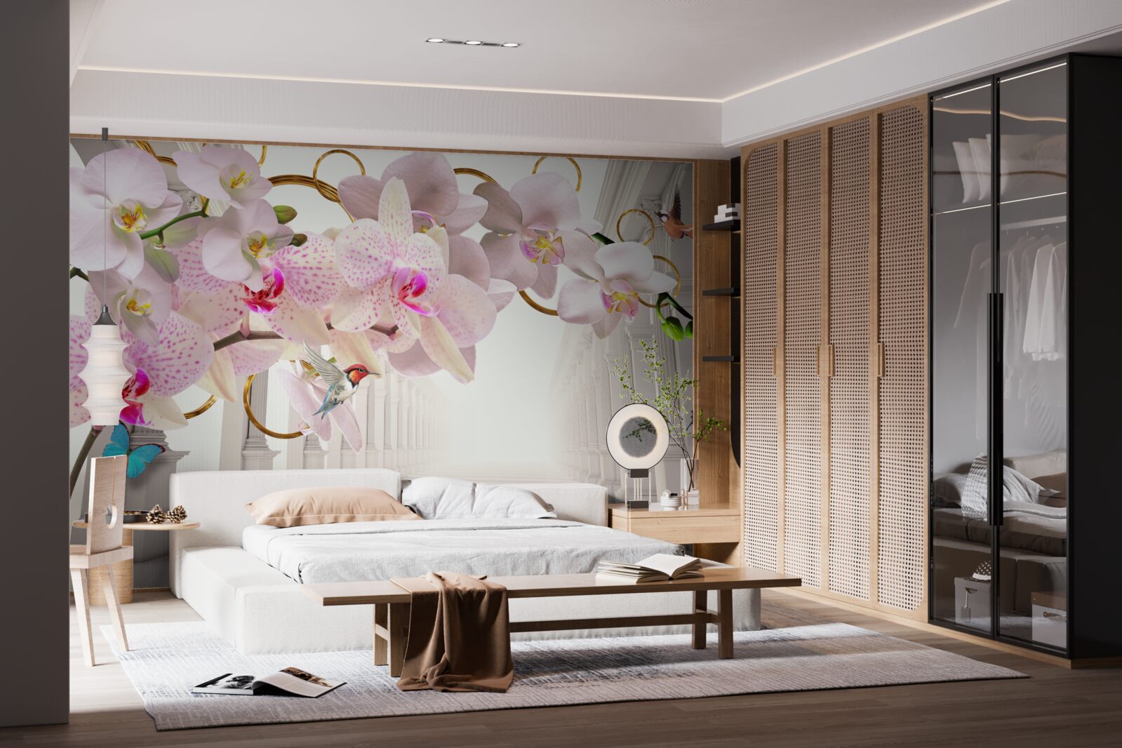 Fotobehang de witte bogen zijn versierd met orchideeën en vlinders