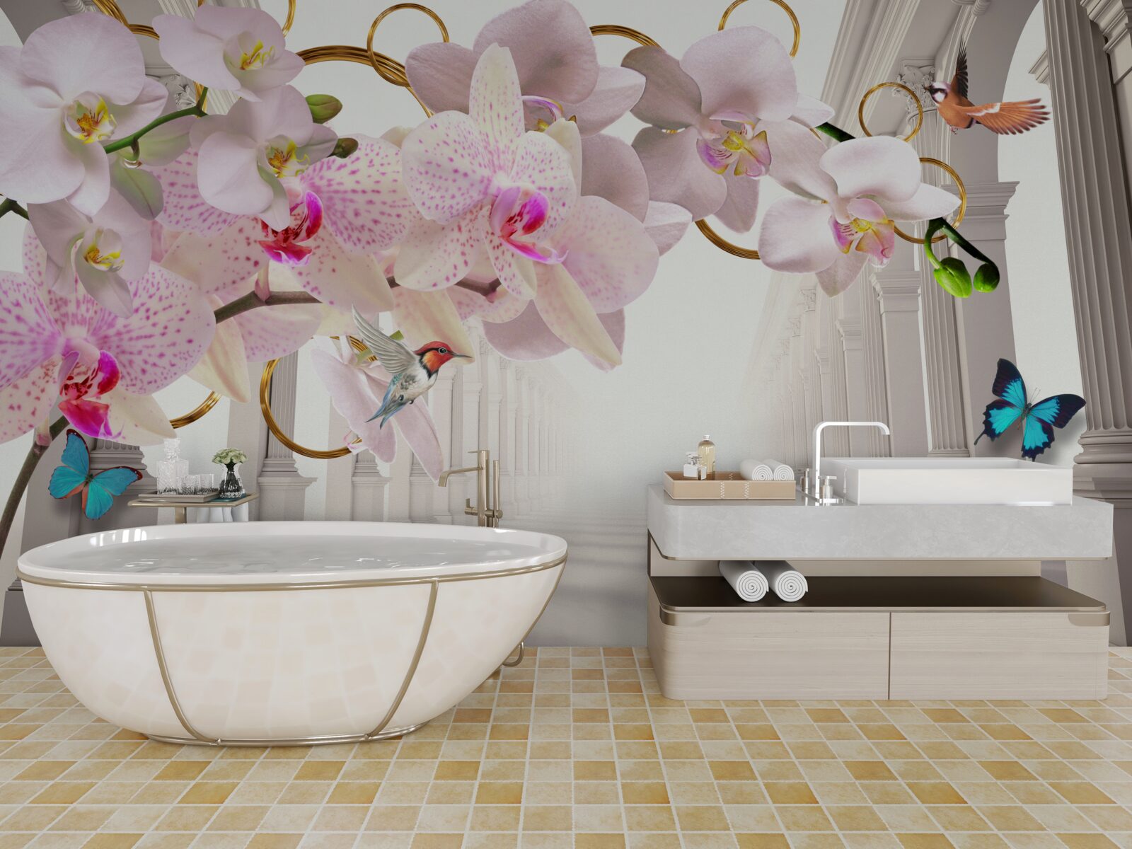 Fotobehang de witte bogen zijn versierd met orchideeën en vlinders