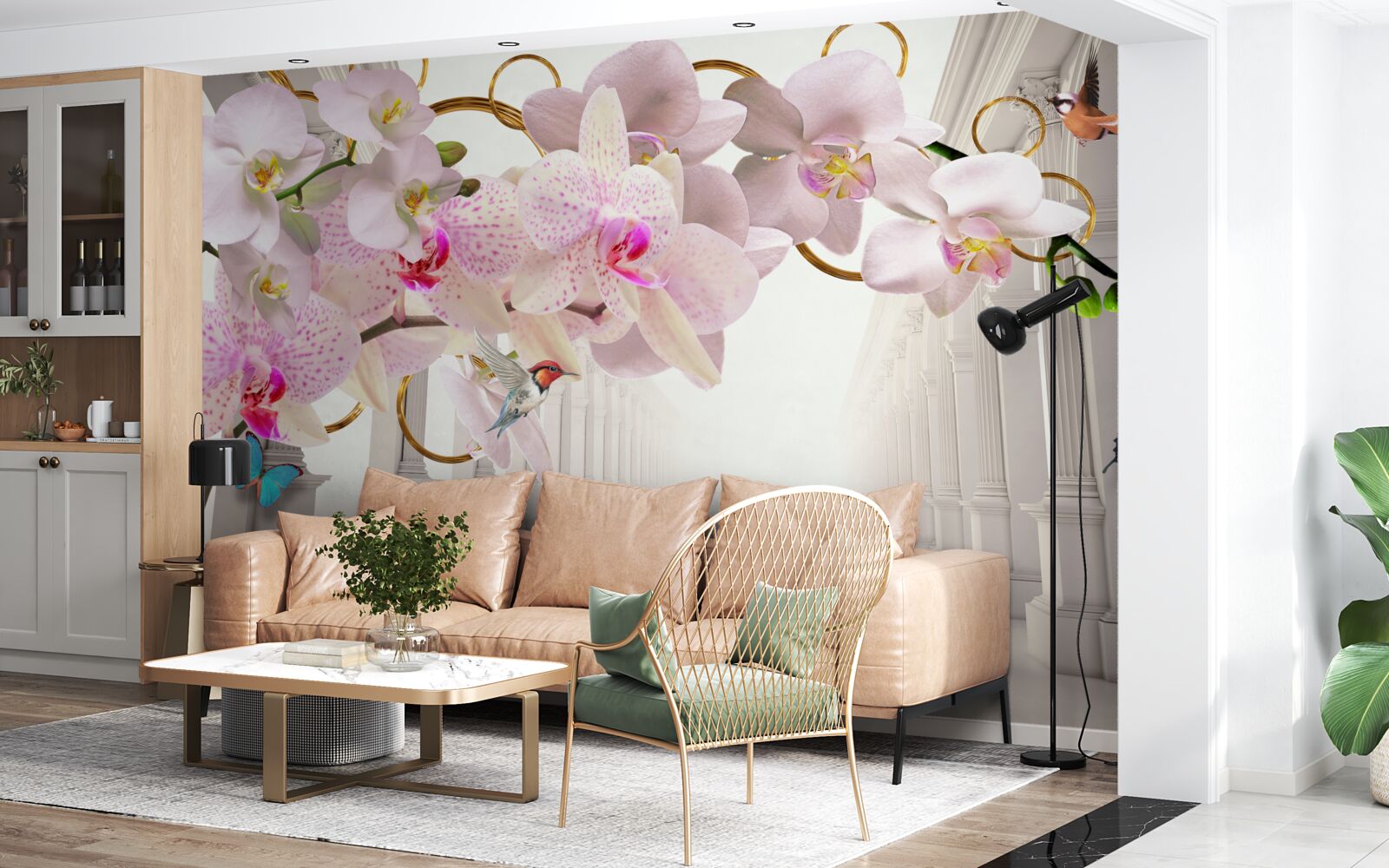 Fotobehang de witte bogen zijn versierd met orchideeën en vlinders