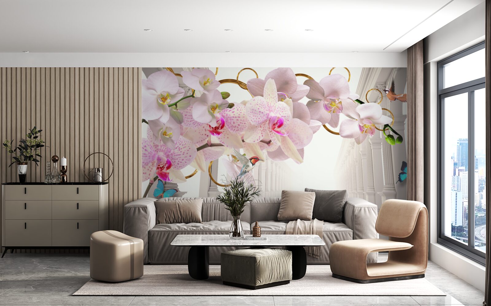 Fotobehang de witte bogen zijn versierd met orchideeën en vlinders