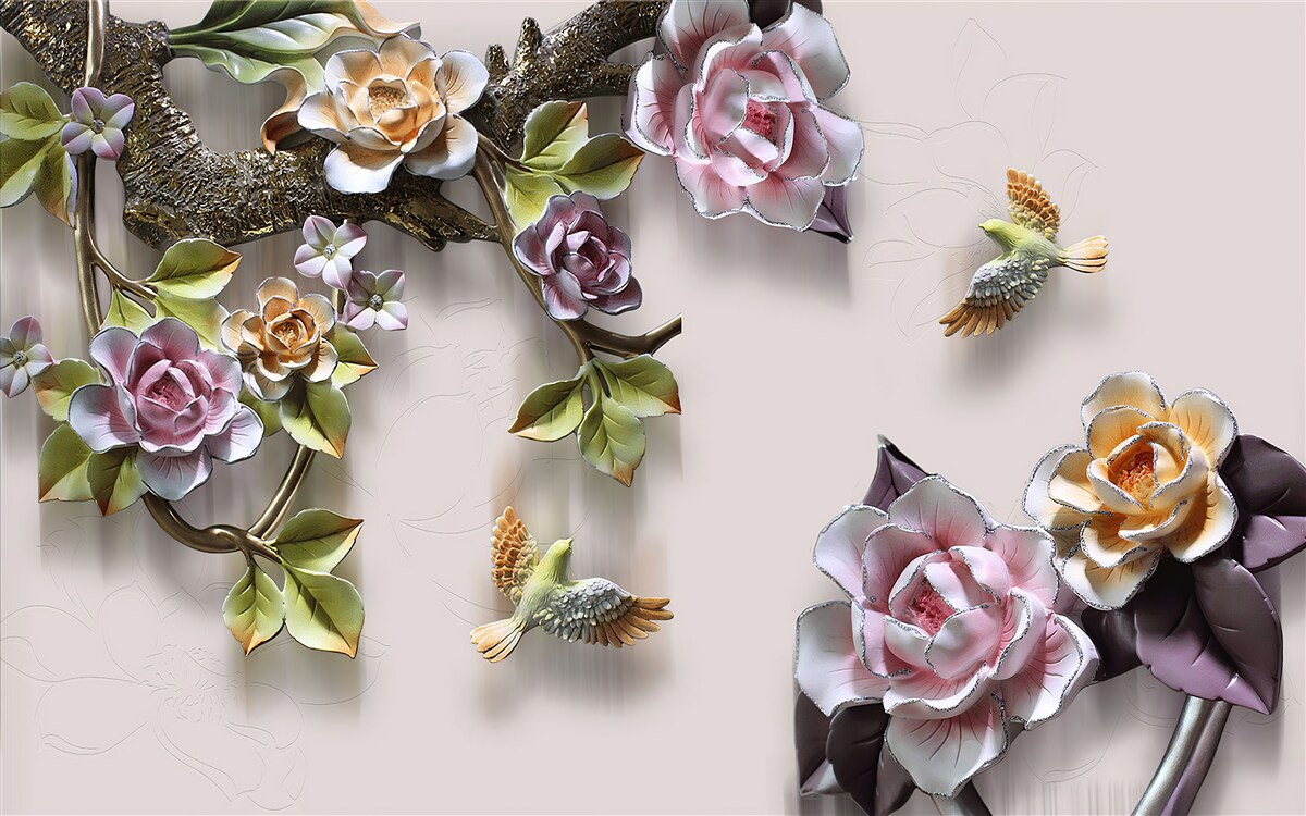 Fotobehang charmante harmonie van takken versierd met bloemen