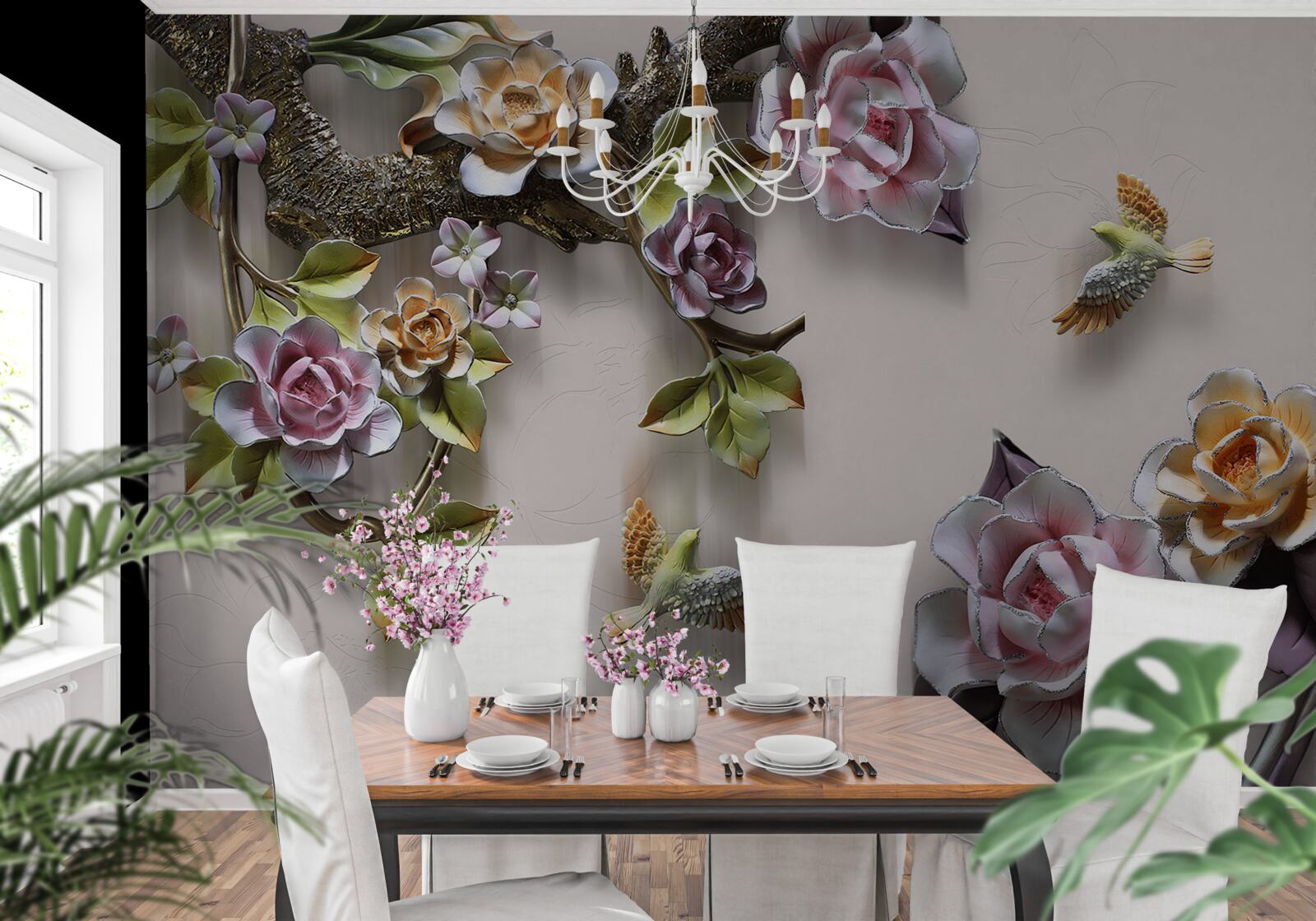 Fotobehang charmante harmonie van takken versierd met bloemen