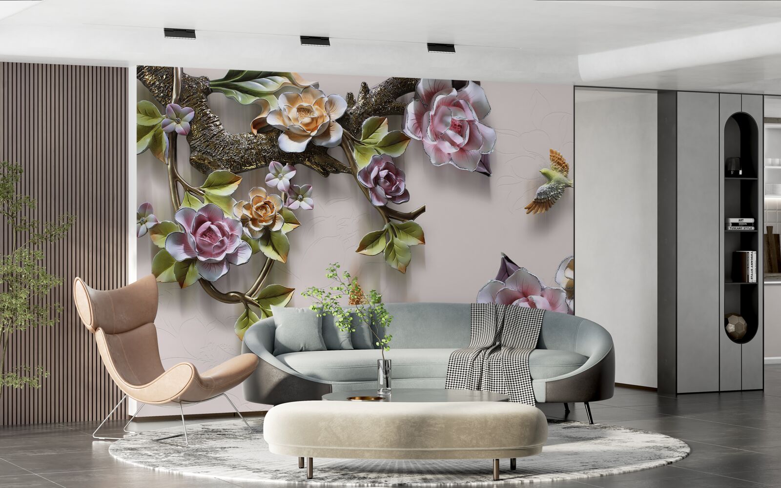 Fotobehang charmante harmonie van takken versierd met bloemen