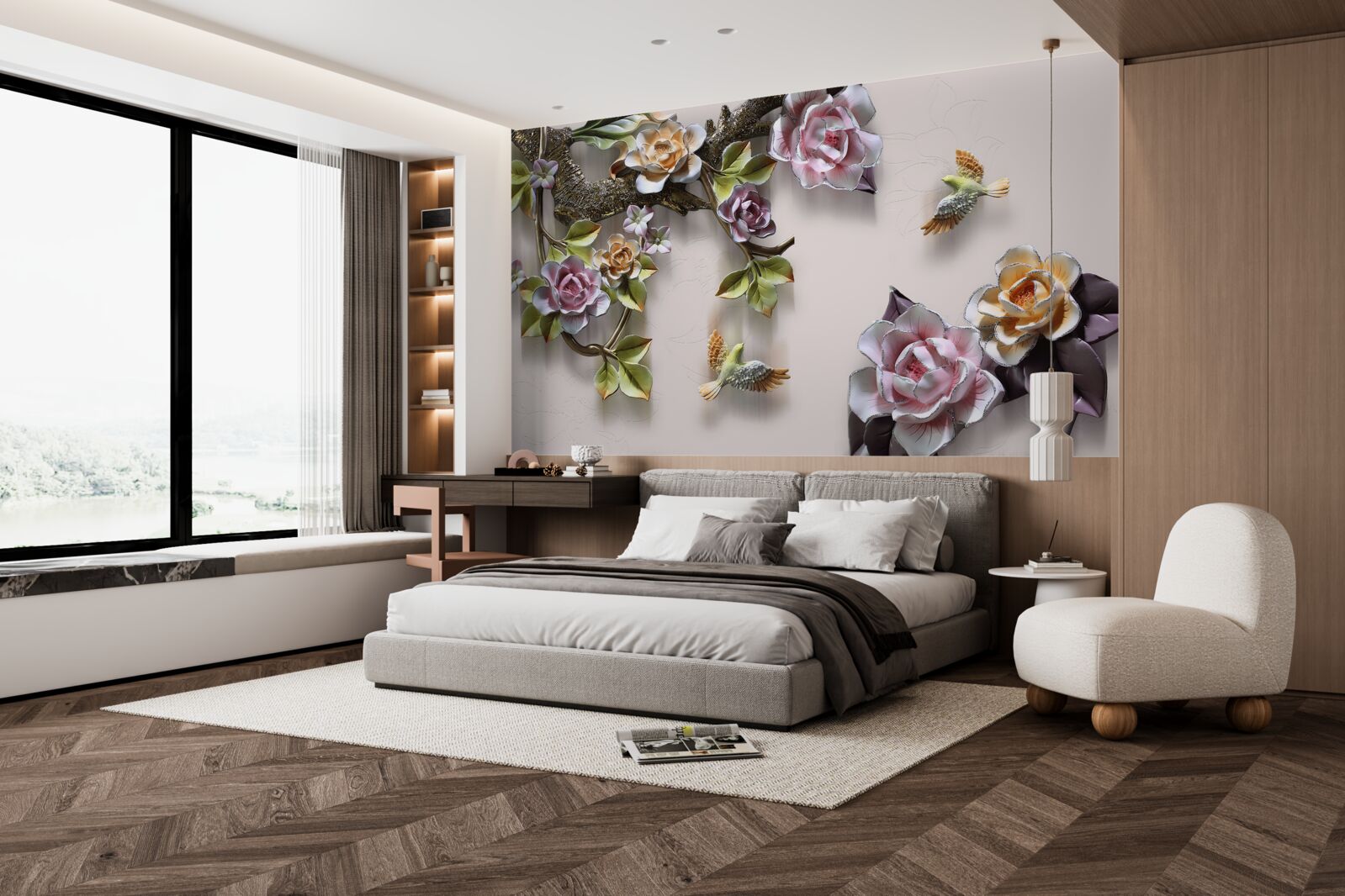 Fotobehang charmante harmonie van takken versierd met bloemen