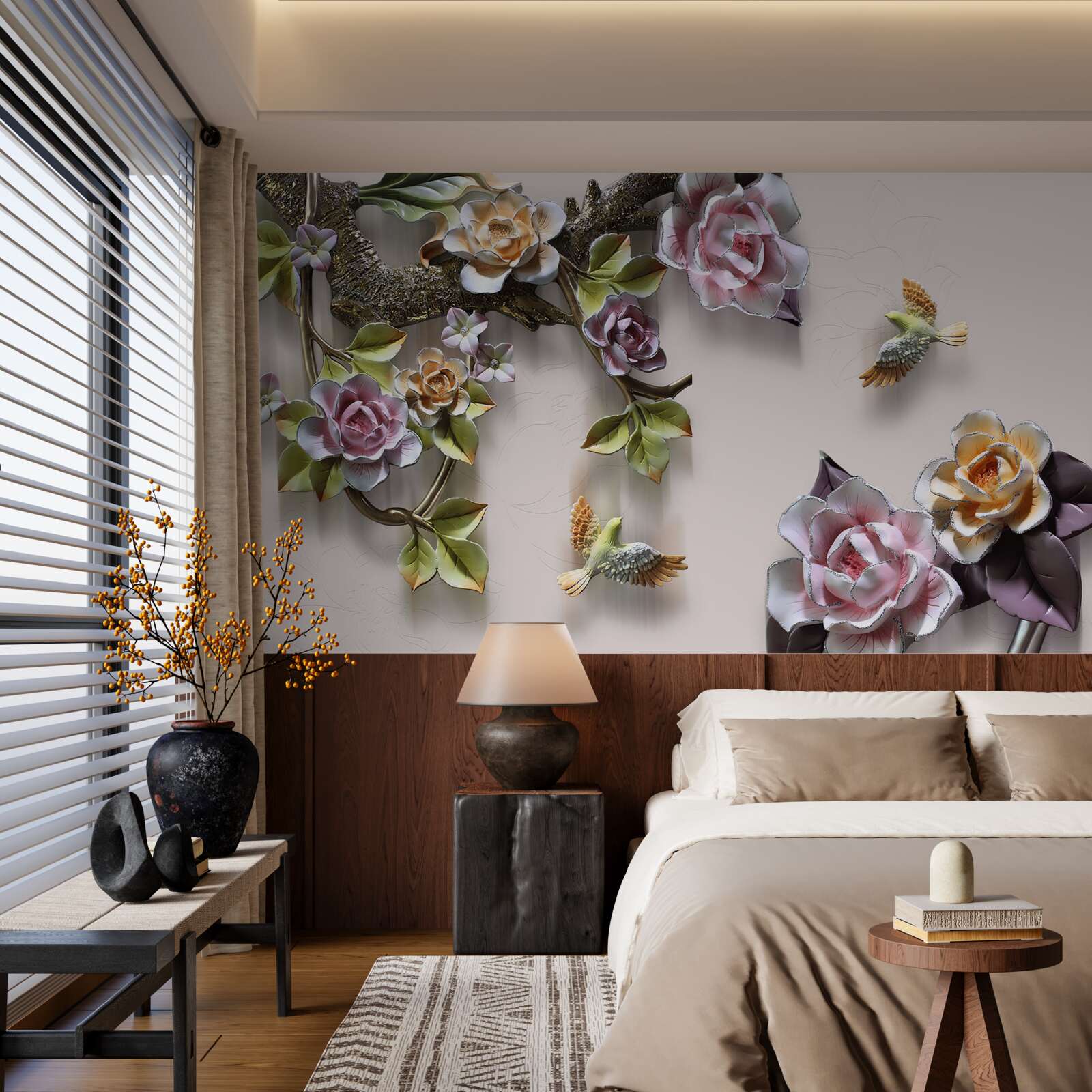 Fotobehang charmante harmonie van takken versierd met bloemen