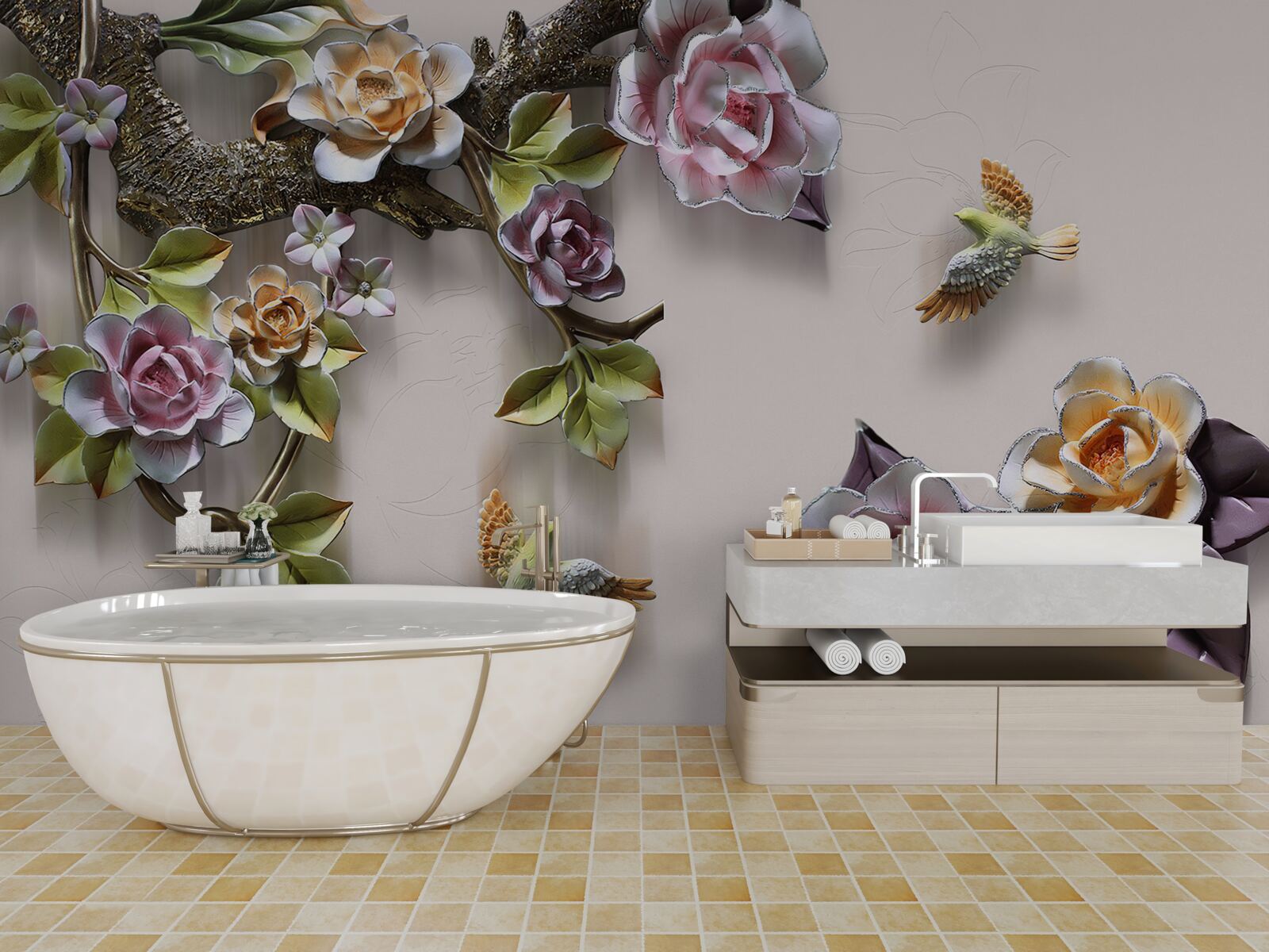 Fotobehang charmante harmonie van takken versierd met bloemen