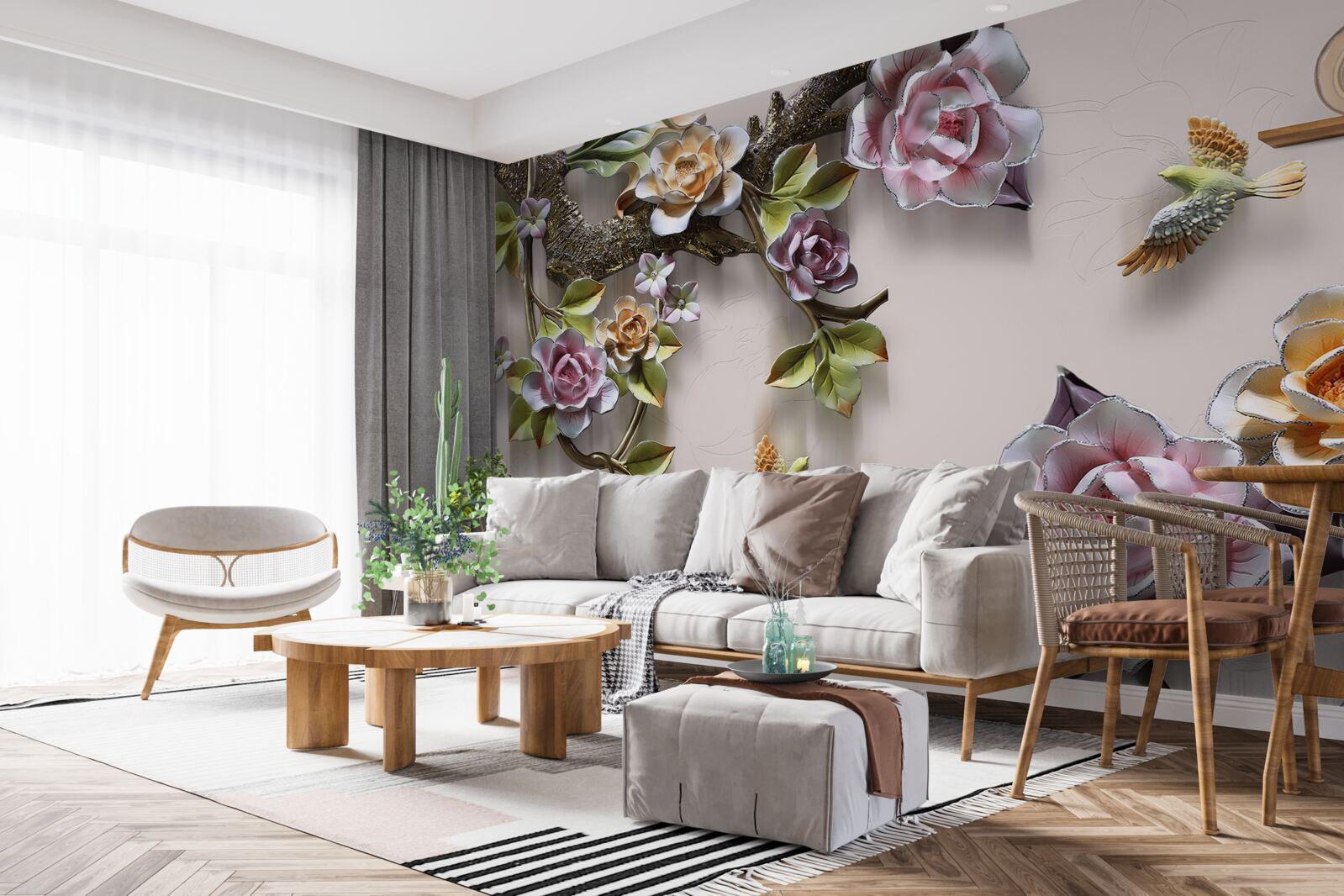 Fotobehang charmante harmonie van takken versierd met bloemen