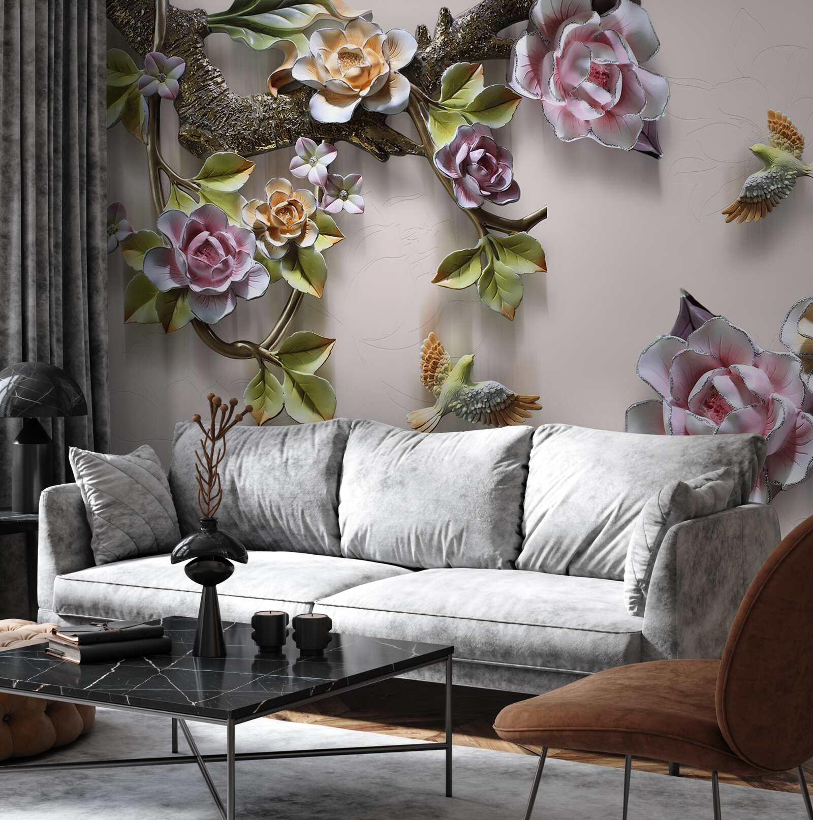 Fotobehang charmante harmonie van takken versierd met bloemen