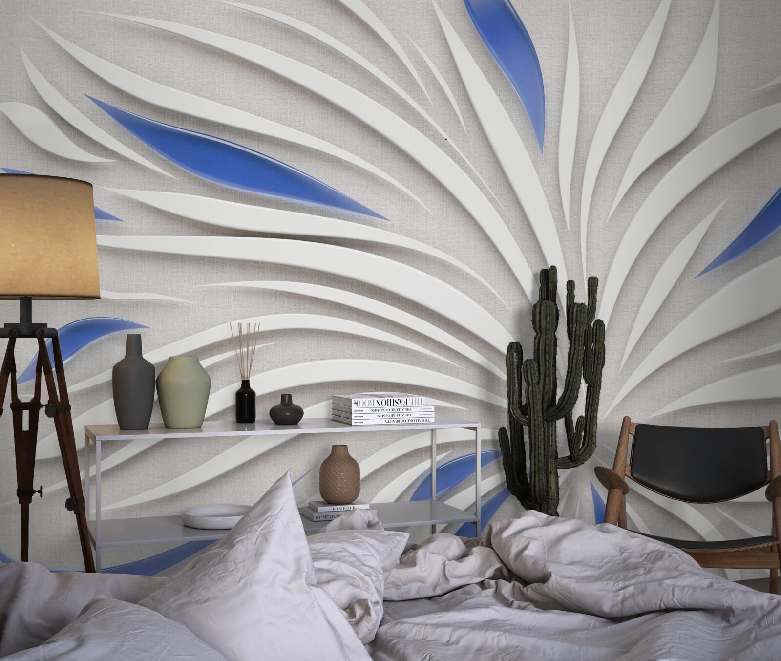 Fotobehang abstracte witte bloem met blauwe bloemblaadjes