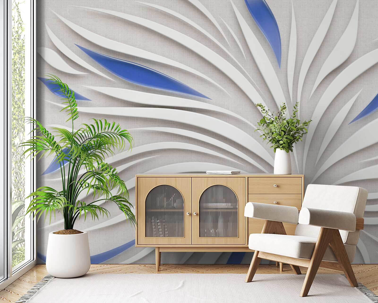 Fotobehang abstracte witte bloem met blauwe bloemblaadjes