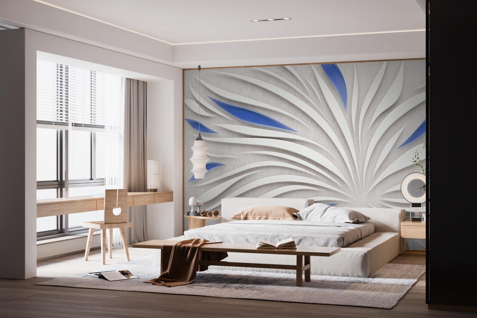 Fotobehang abstracte witte bloem met blauwe bloemblaadjes