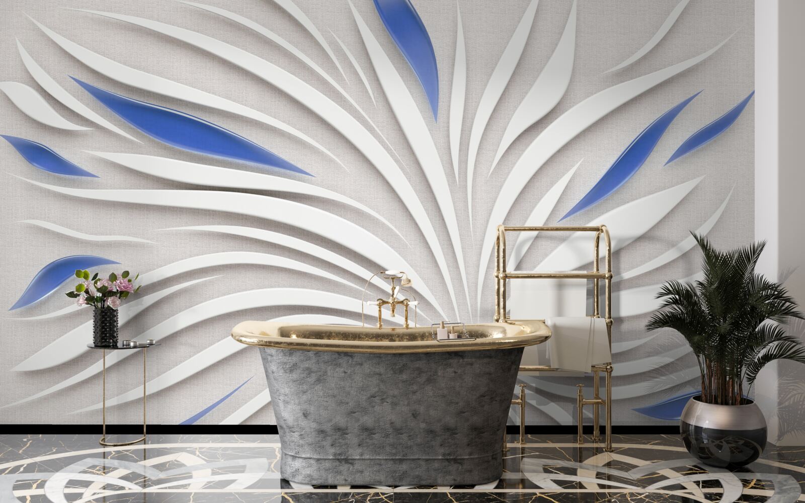 Fotobehang abstracte witte bloem met blauwe bloemblaadjes