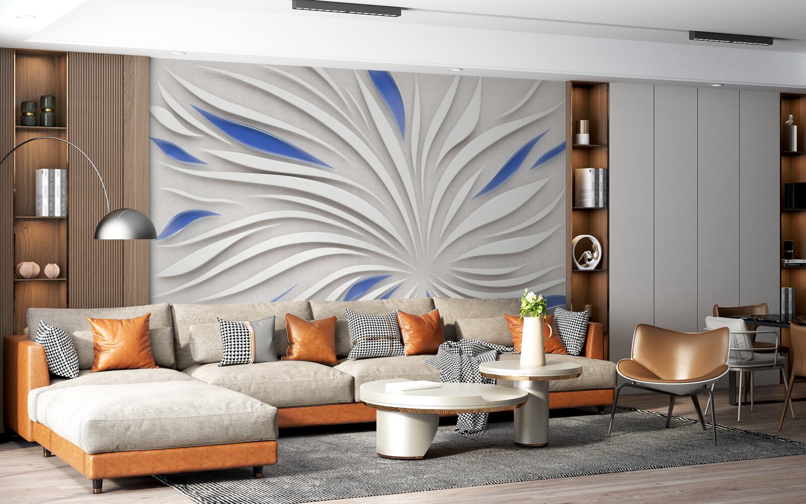 Fotobehang abstracte witte bloem met blauwe bloemblaadjes