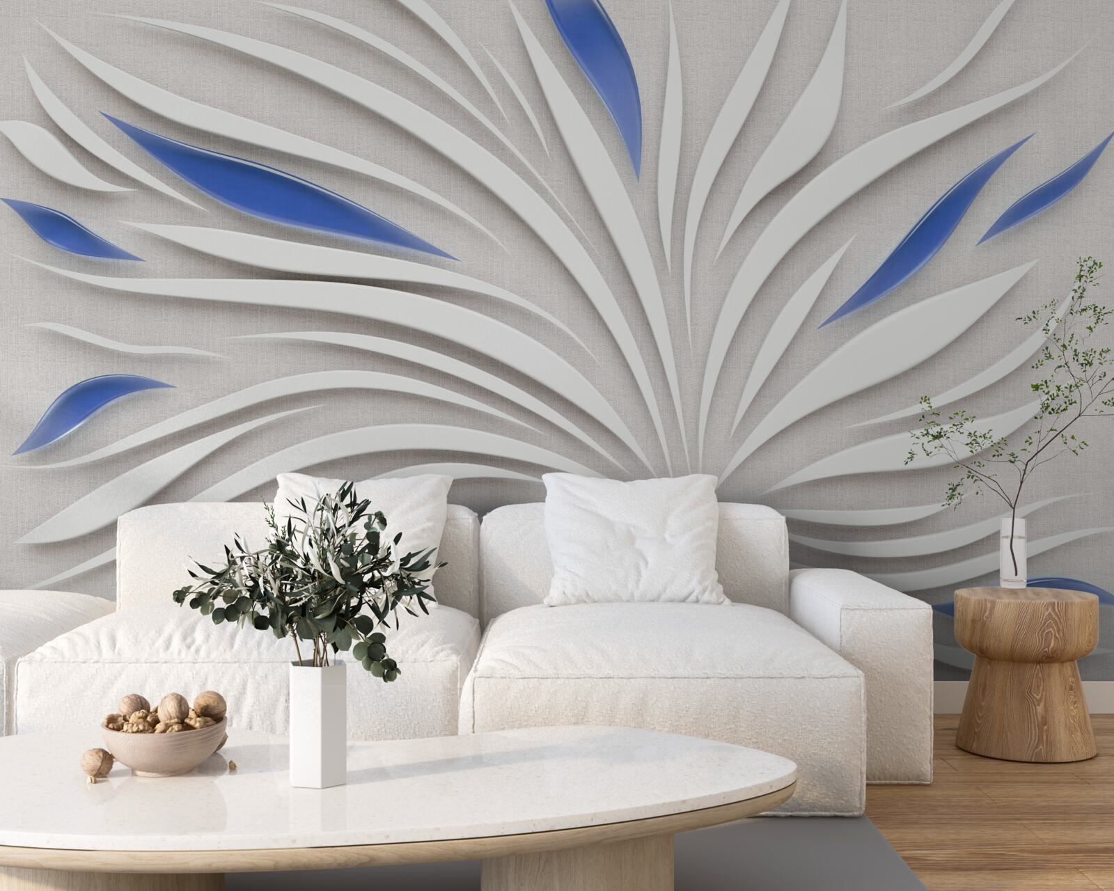 Fotobehang abstracte witte bloem met blauwe bloemblaadjes