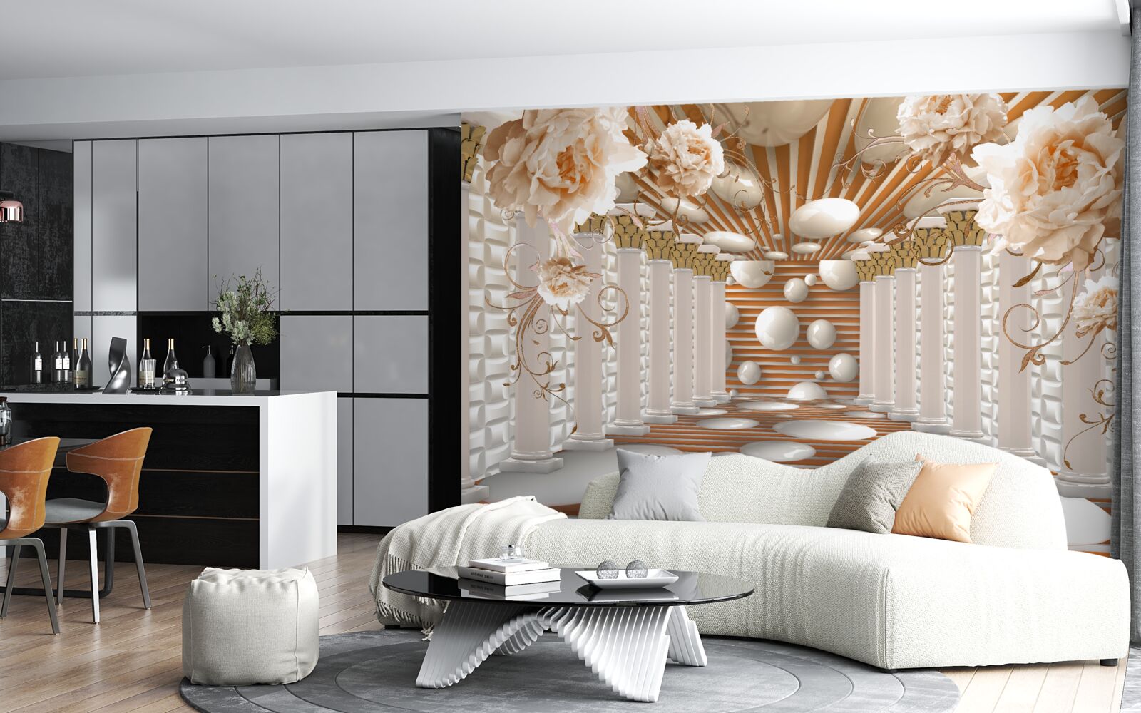 Fotobehang abstracte tunnel versierd met bloemen en ballen