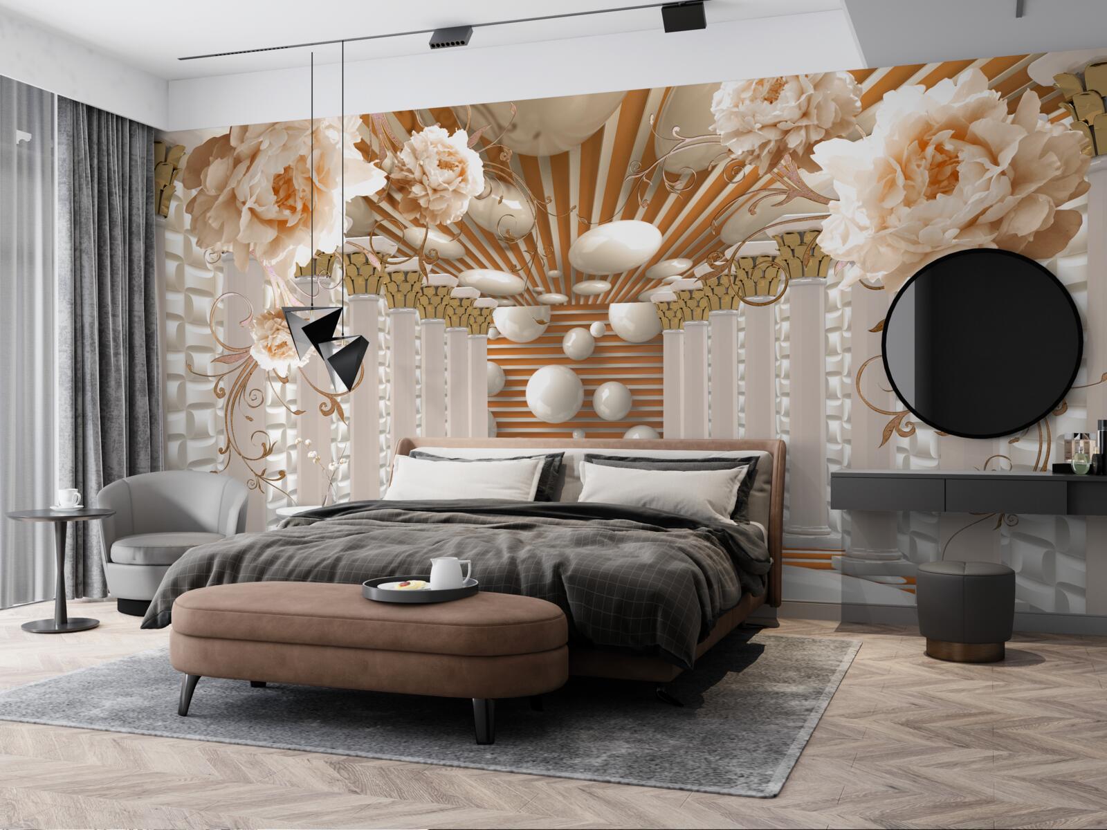 Fotobehang abstracte tunnel versierd met bloemen en ballen