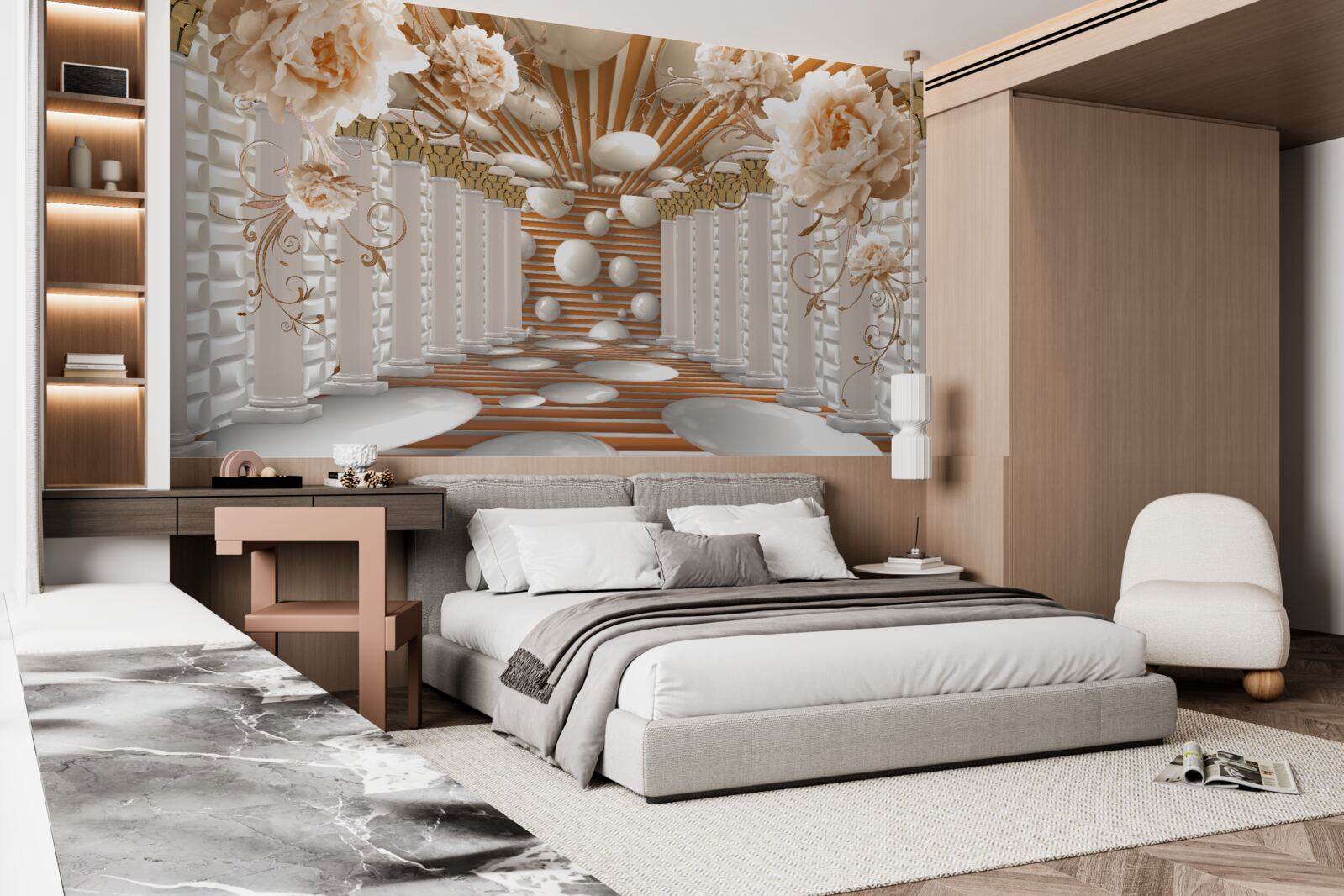 Fotobehang abstracte tunnel versierd met bloemen en ballen