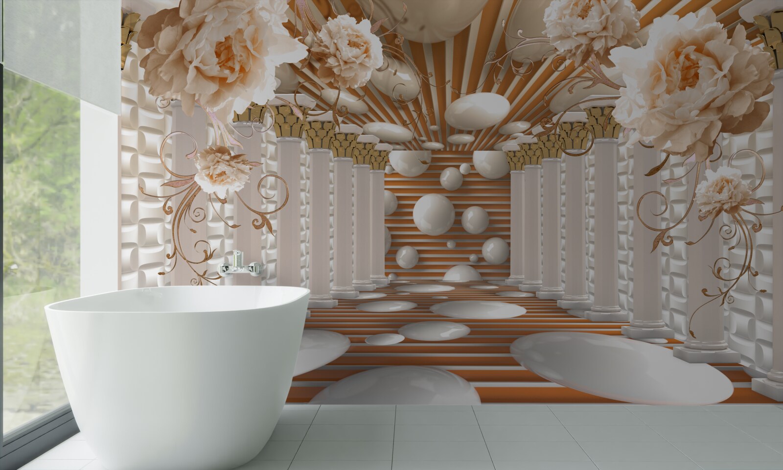 Fotobehang abstracte tunnel versierd met bloemen en ballen